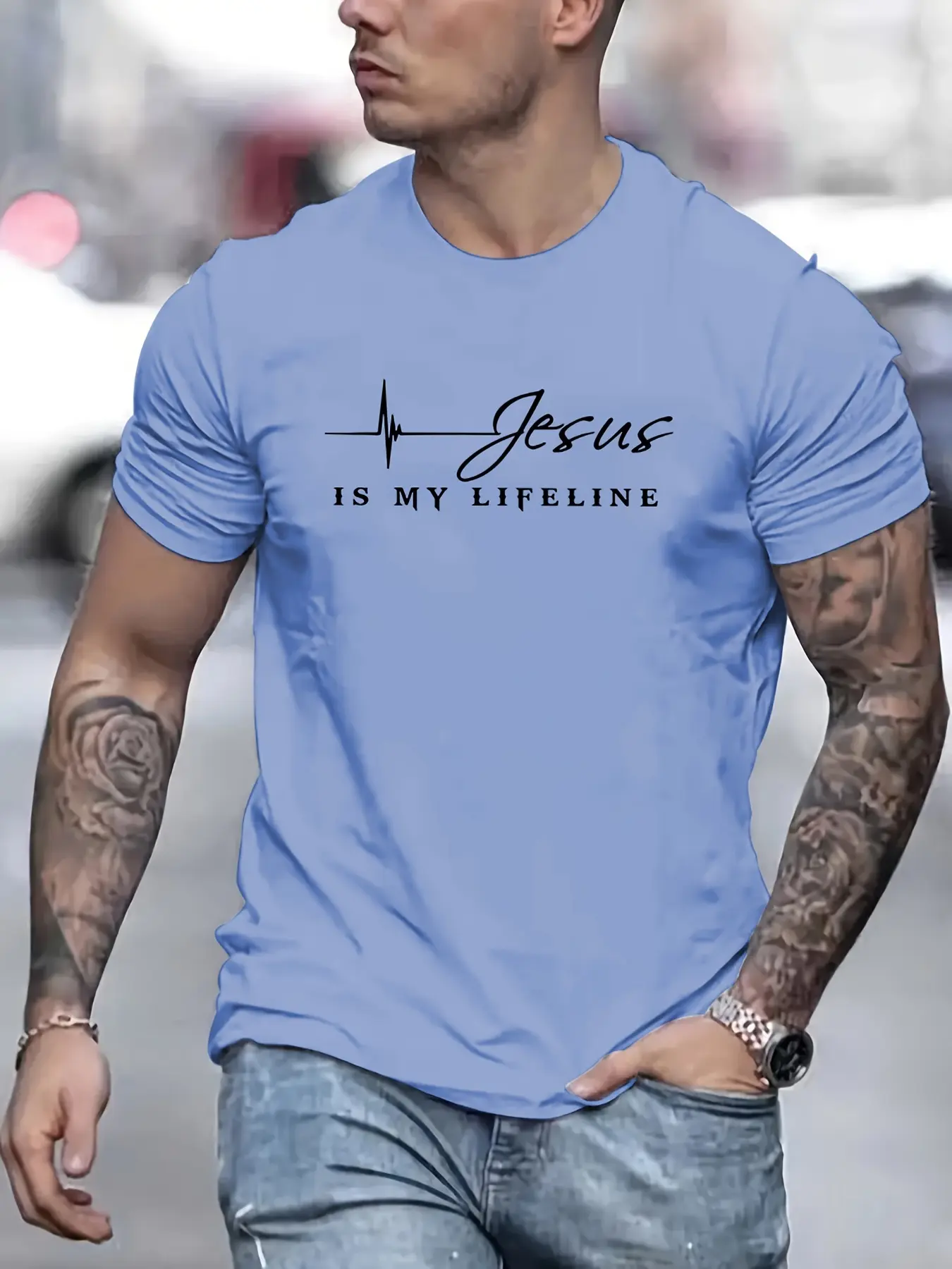 Men's summer 100 cotton fashionable casual loose Jesus is the pillar of my life printed round neck short sleeved T-shirt top