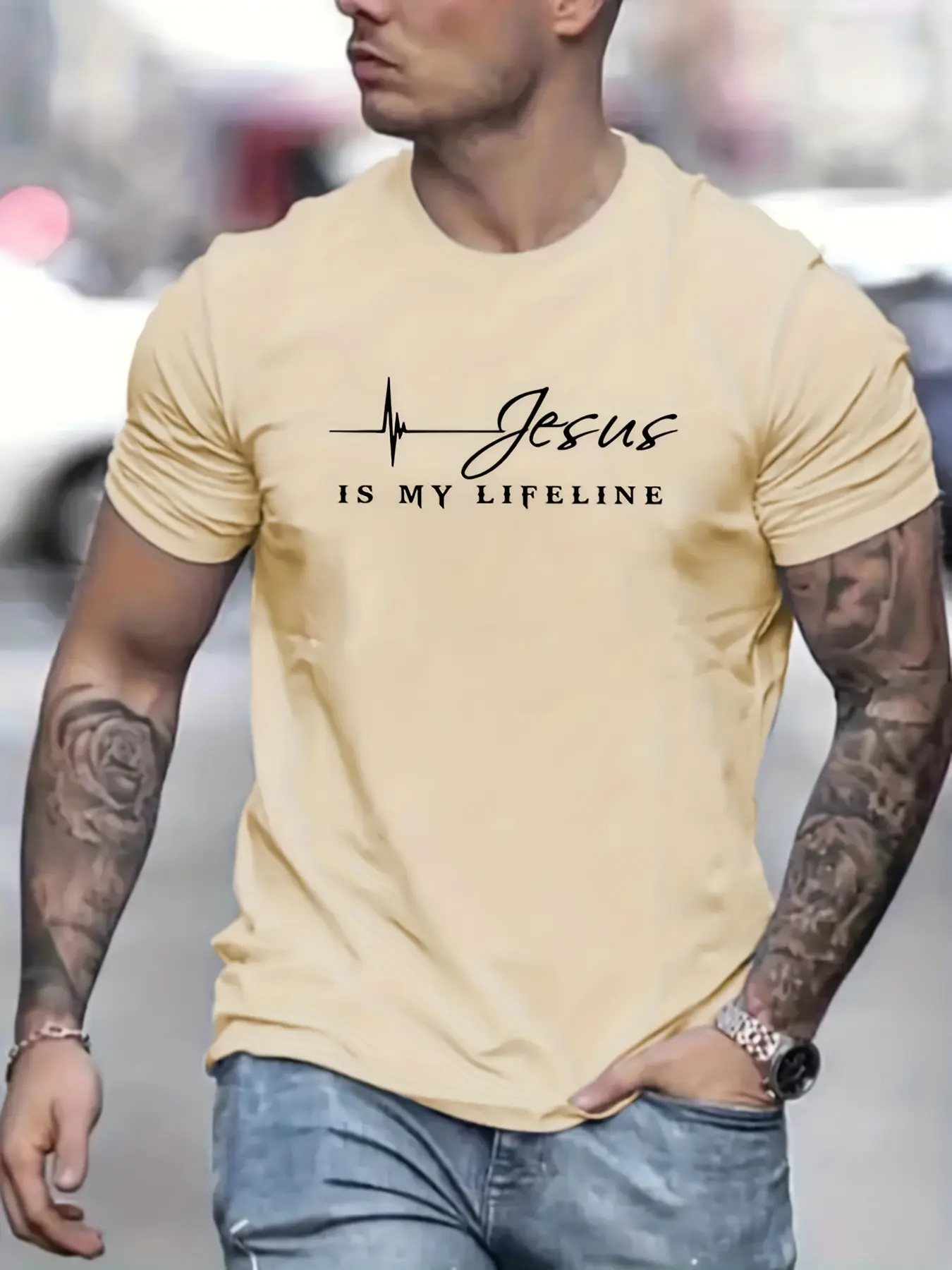Men's summer 100 cotton fashionable casual loose Jesus is the pillar of my life printed round neck short sleeved T-shirt top