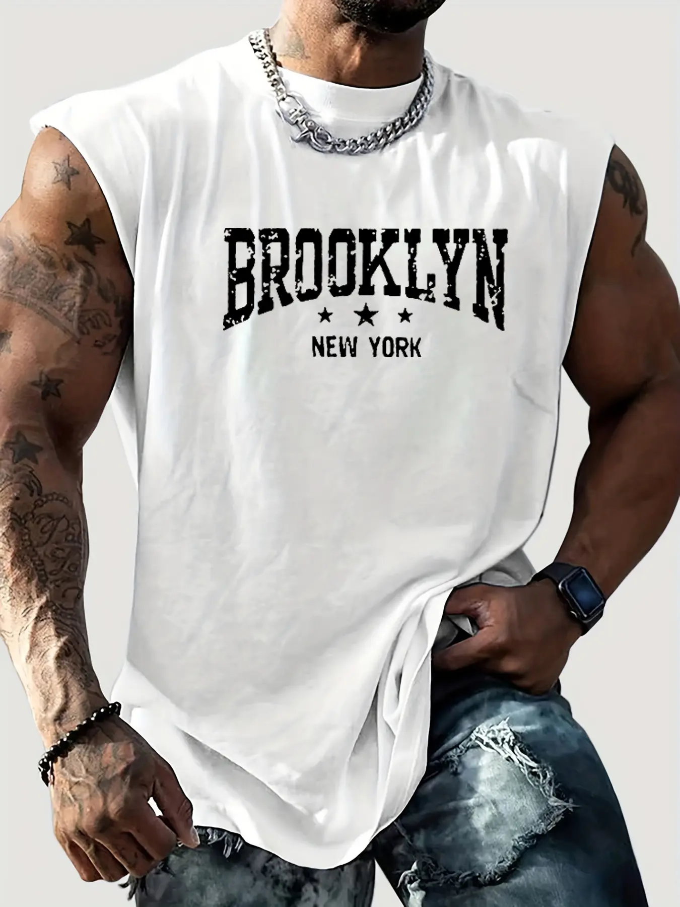 Men's Summer Leisure Sports Fitness Loose Brooklyn New York Letter Printed Comfortable Breathable Round Neck Sleeveless Tank Top