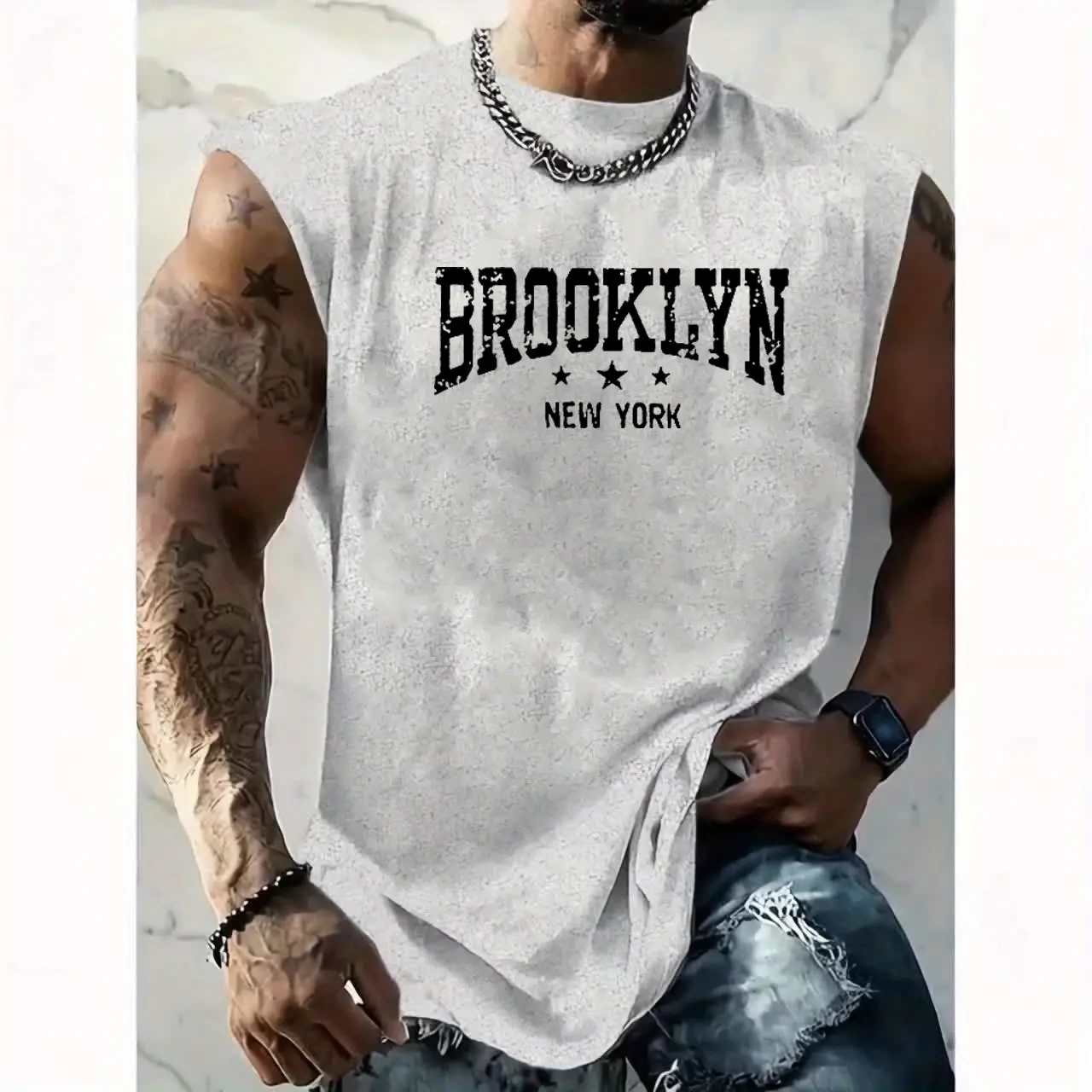 Men's Summer Leisure Sports Fitness Loose Brooklyn New York Letter Printed Comfortable Breathable Round Neck Sleeveless Tank Top