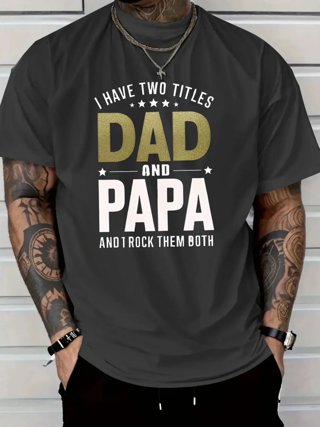 Men's 100% pure cotton summer loose Men'S T-Shirt Red I Have Two Titles Dad and Papa Graphic Print for Father'S Day Gift