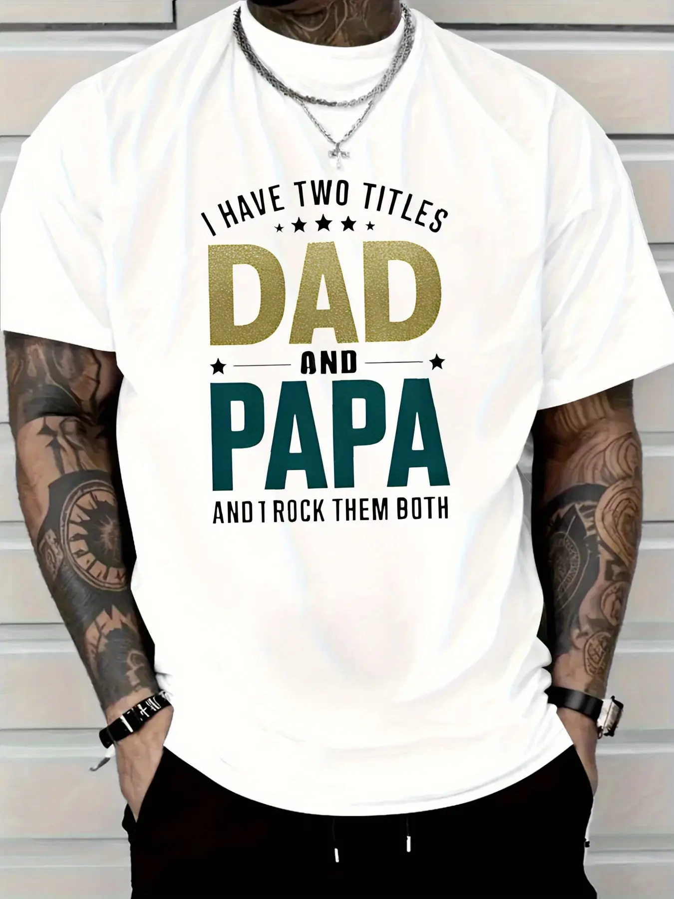 Men's 100% pure cotton summer loose Men'S T-Shirt Red I Have Two Titles Dad and Papa Graphic Print for Father'S Day Gift