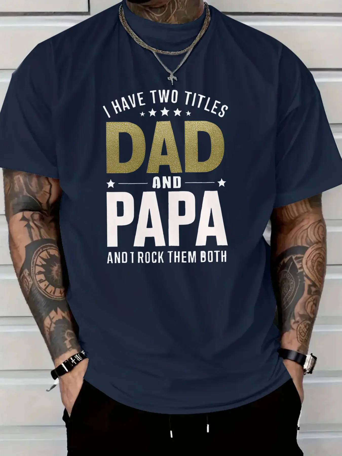 Men's 100% pure cotton summer loose Men'S T-Shirt Red I Have Two Titles Dad and Papa Graphic Print for Father'S Day Gift