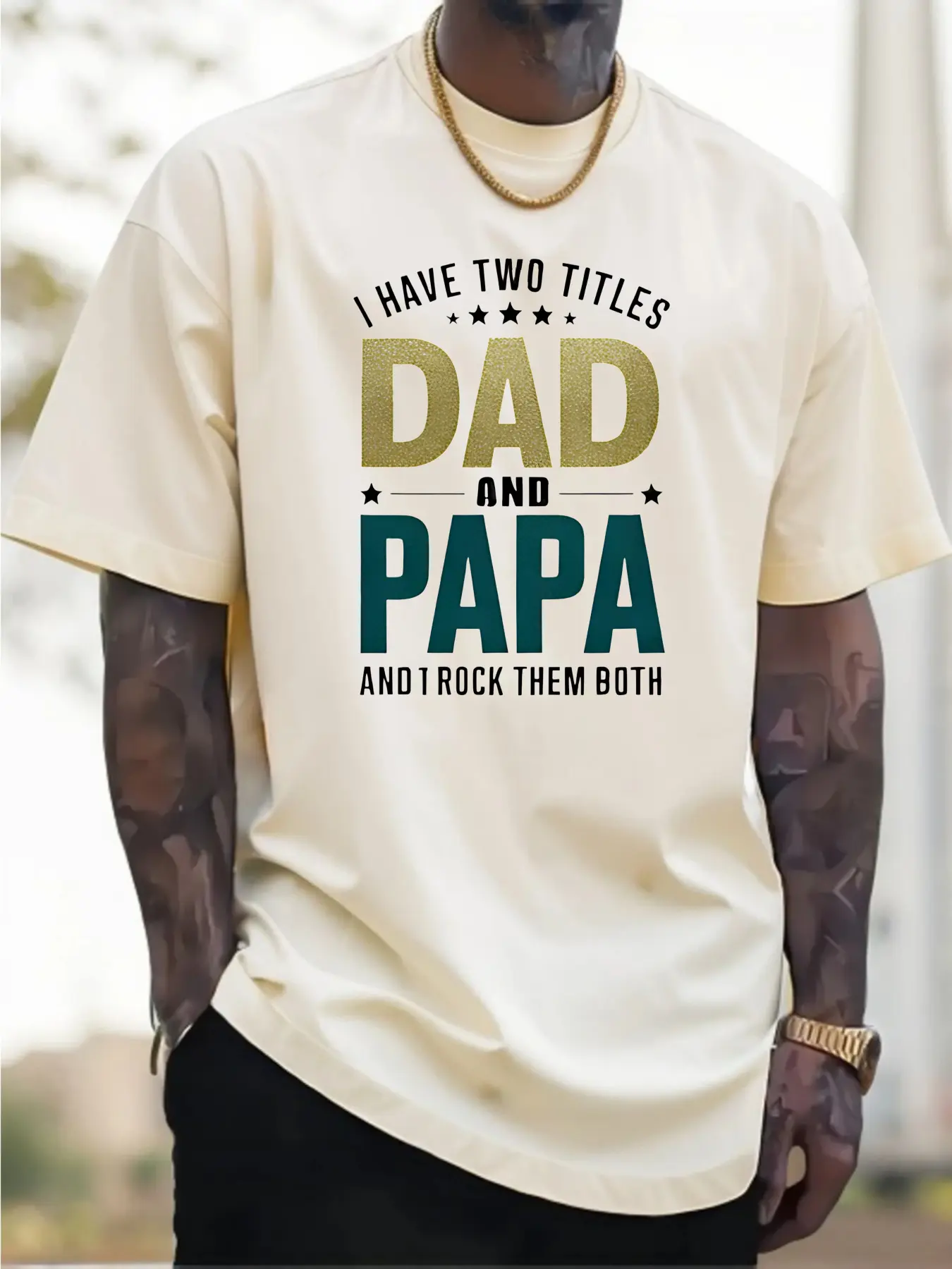 Men's 100% pure cotton summer loose Men'S T-Shirt Red I Have Two Titles Dad and Papa Graphic Print for Father'S Day Gift