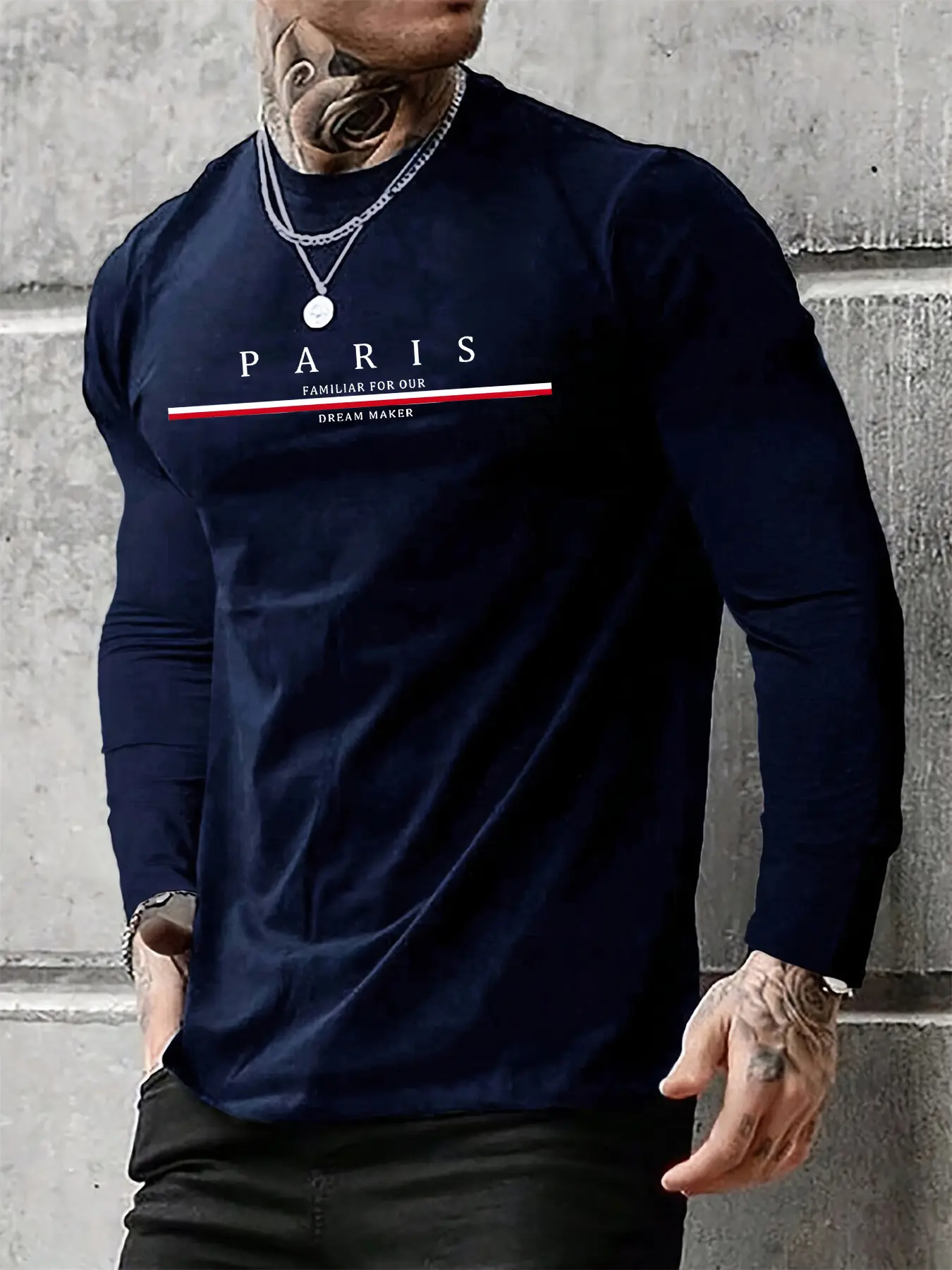 Men's 100% pure cotton loose and comfortable casual sports plus size Paris letter printed round neck long sleeved T-shirt top