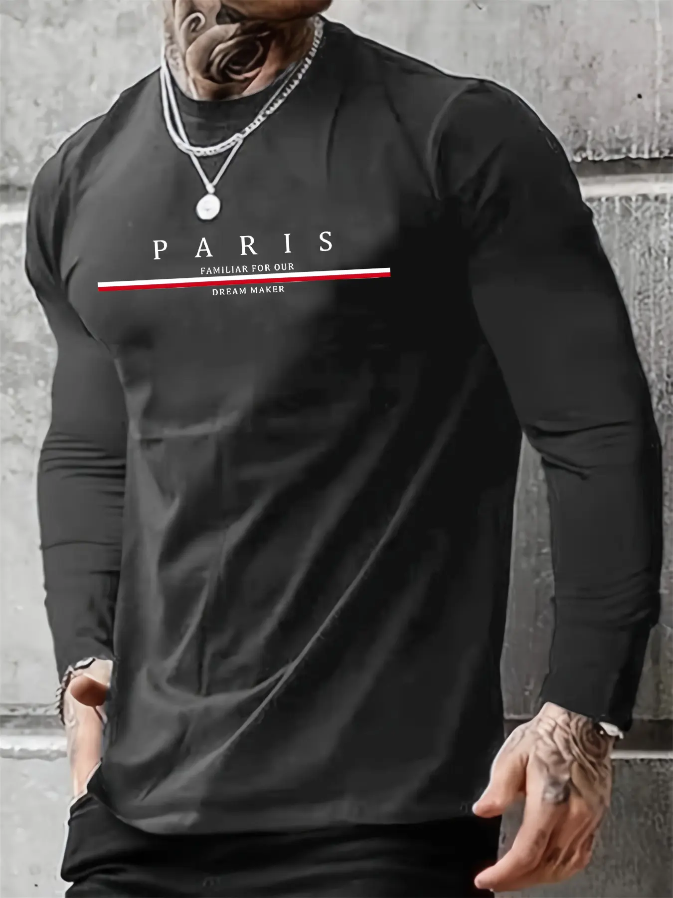 Men's 100% pure cotton loose and comfortable casual sports plus size Paris letter printed round neck long sleeved T-shirt top