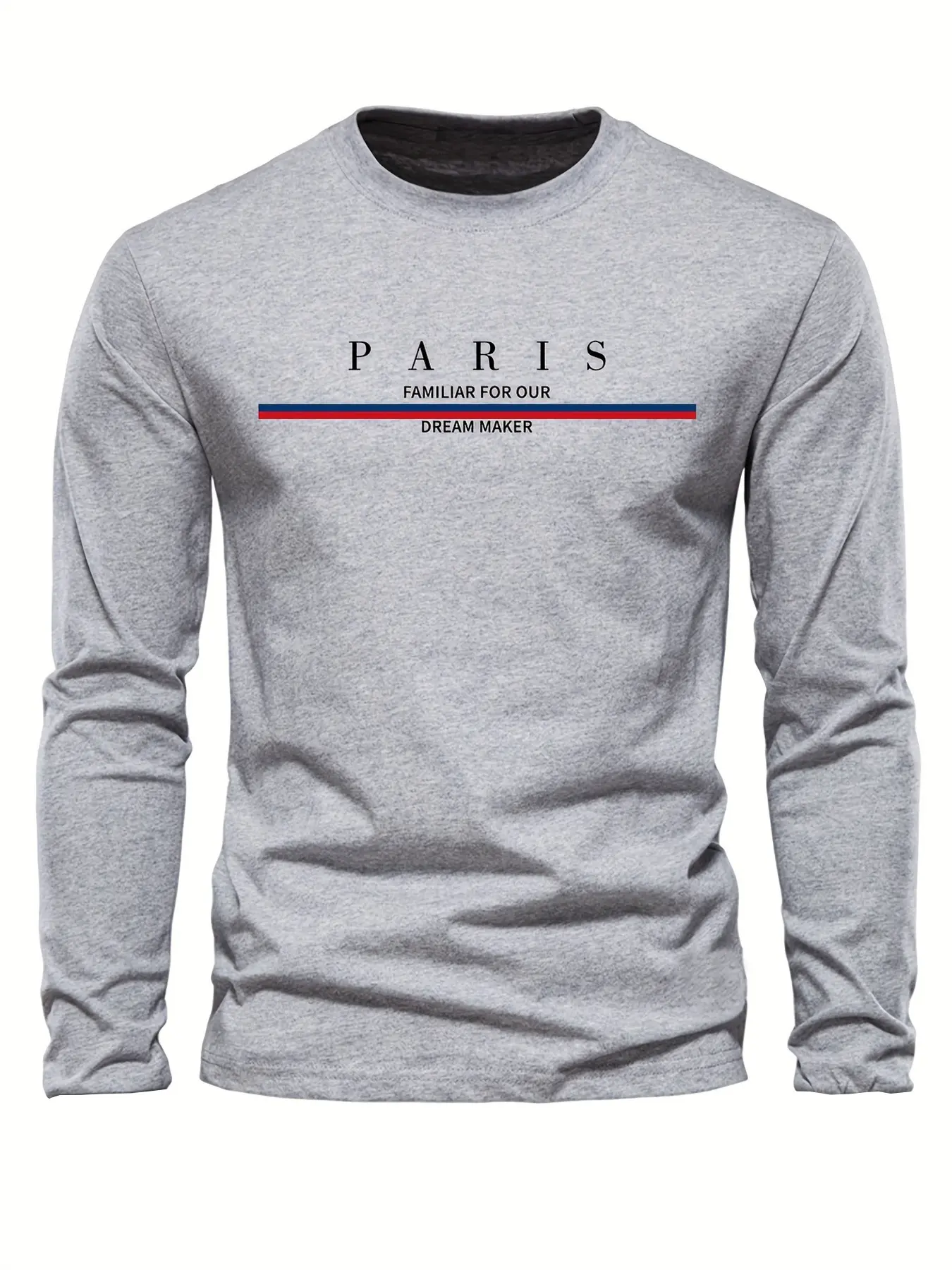 Men's 100% pure cotton loose and comfortable casual sports plus size Paris letter printed round neck long sleeved T-shirt top