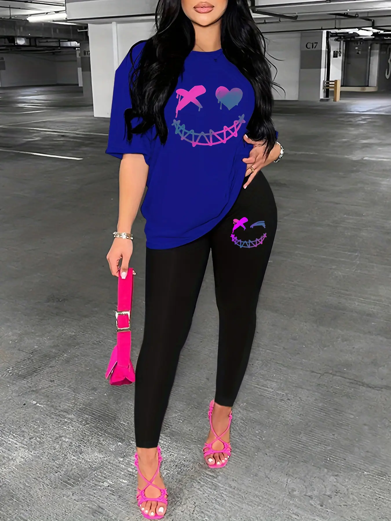 Women's spring and summer loose casual plus size smiley face pattern printed short sleeved T-shirt+leggings two-piece set