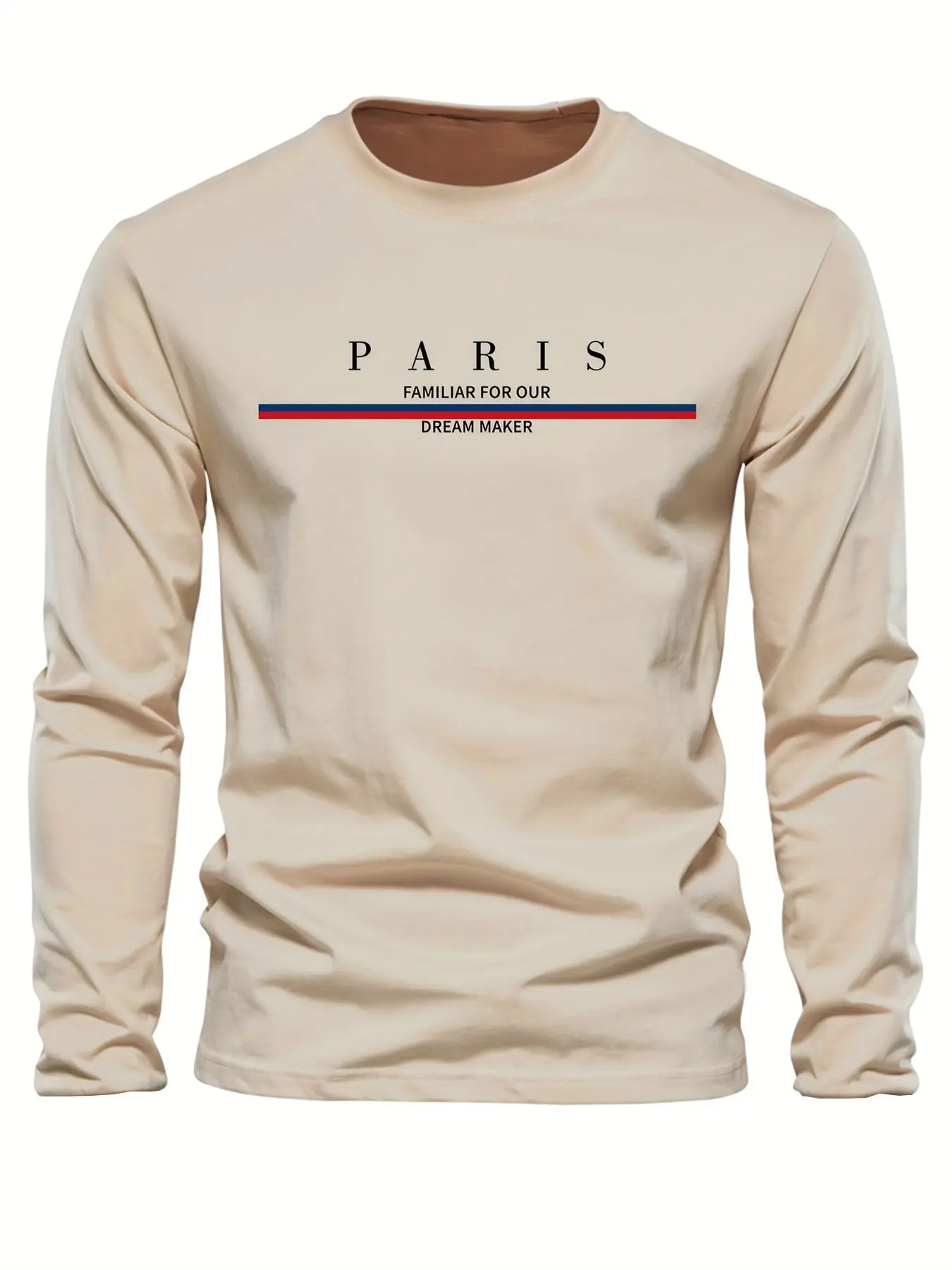 Men's 100% pure cotton loose and comfortable casual sports plus size Paris letter printed round neck long sleeved T-shirt top