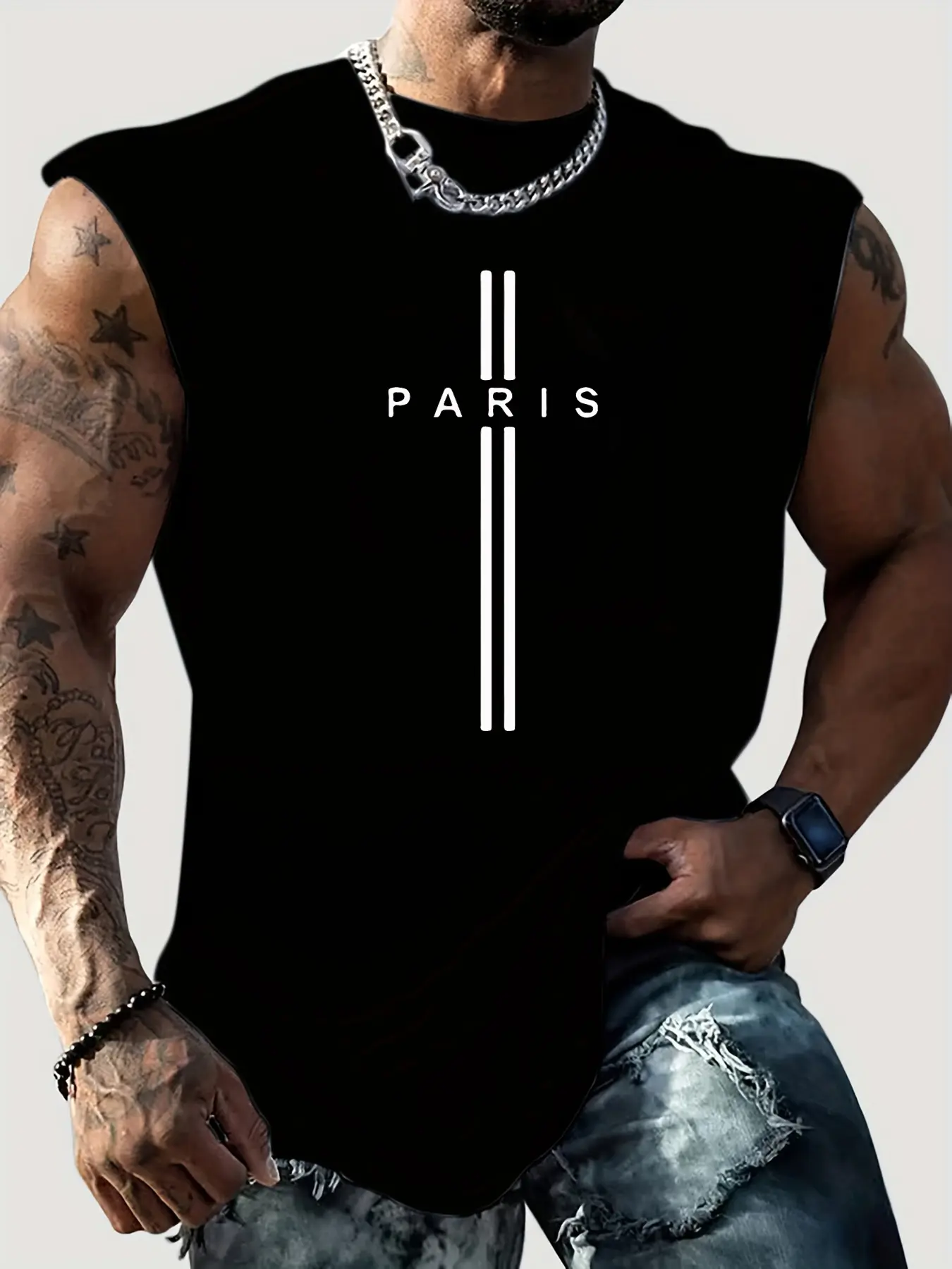 Men's Summer Leisure Sports Fitness Loose Paris Letter Pattern Printed Comfortable Breathable Round Neck Sleeveless Tank Top