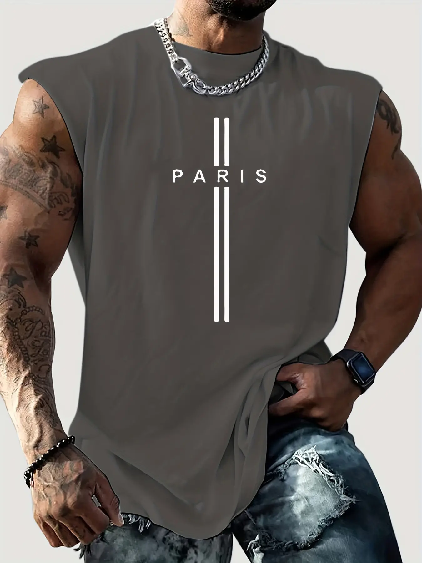 Men's Summer Leisure Sports Fitness Loose Paris Letter Pattern Printed Comfortable Breathable Round Neck Sleeveless Tank Top