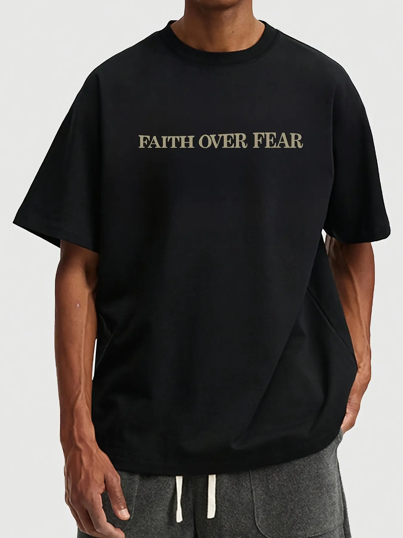 Men's summer 100% pure cotton fashionable casual sports loose FAITH OVER FEAR print round neck short sleeved T-shirt top