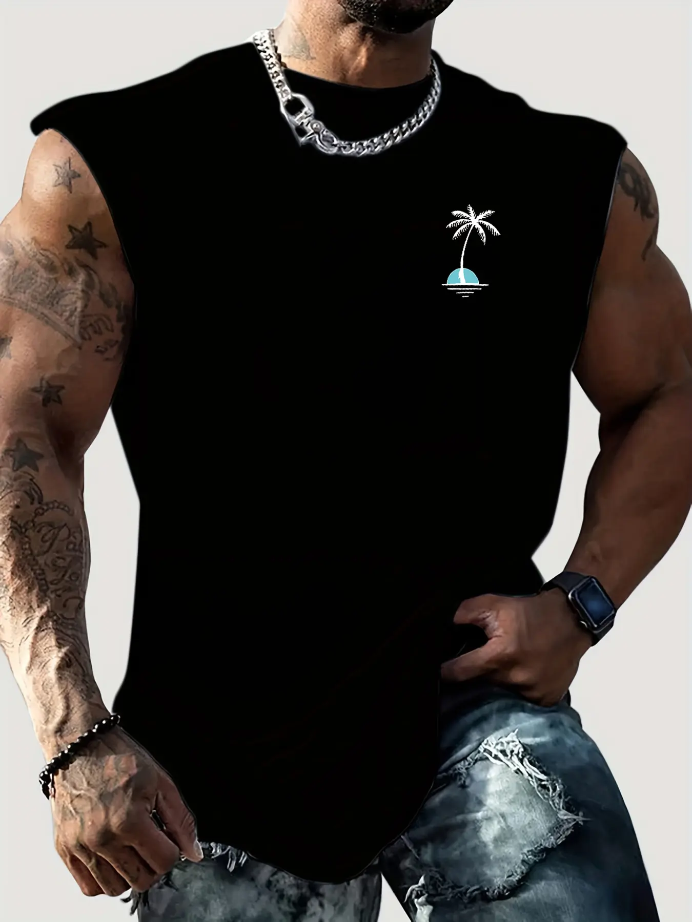 Men's Summer Leisure Sports Fitness Loose Coconut Tree Pattern Printed Comfortable Breathable Round Neck Sleeveless Tank Top