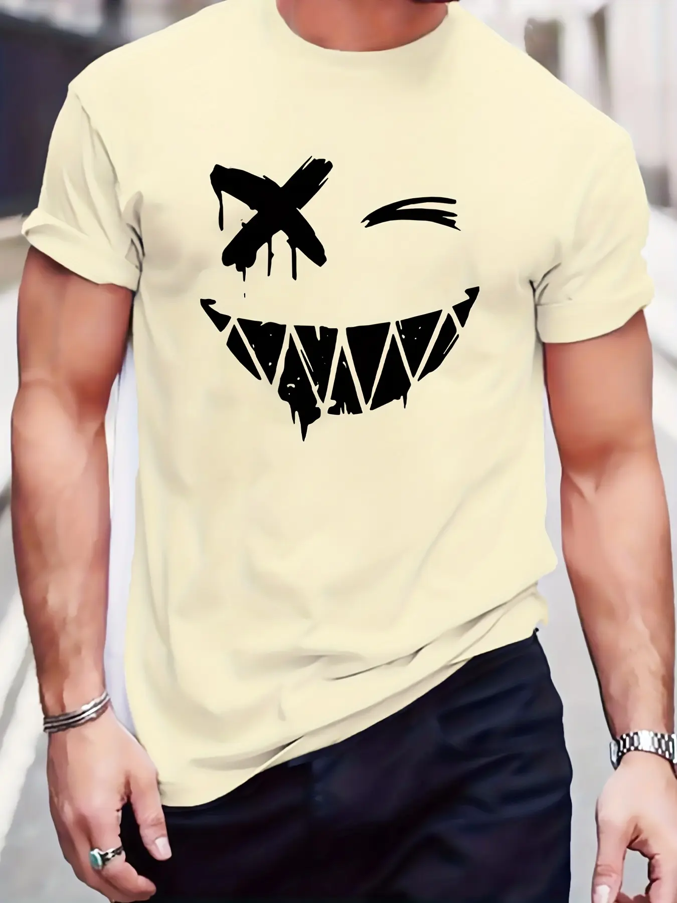 Men's summer 100% pure cotton fashionable sports casual loose smiling face pattern print round neck short sleeved T-shirt top