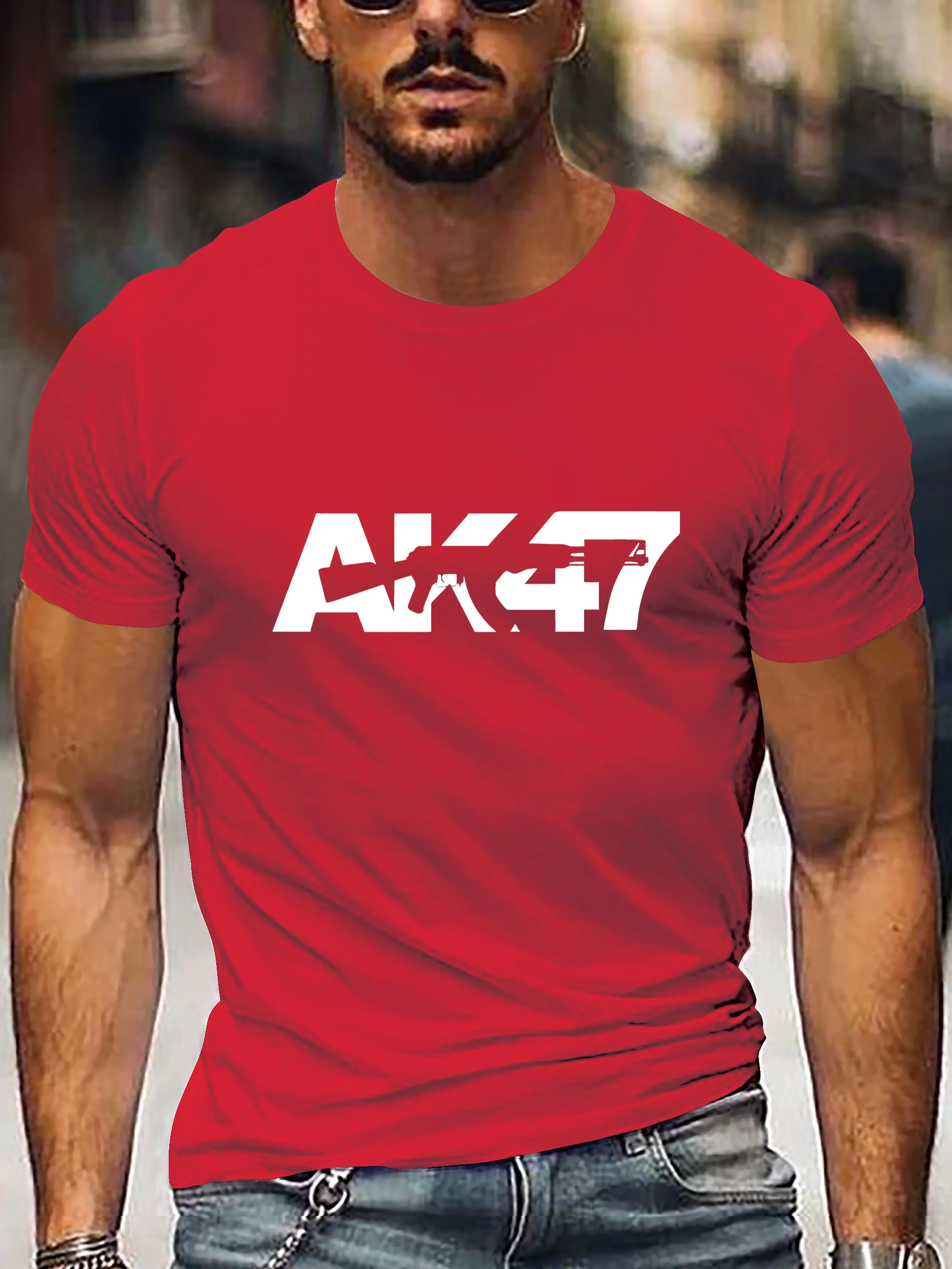 Men's summer 100% pure cotton fashionable casual sports loose AK47 pattern print round neck short sleeved T-shirt top