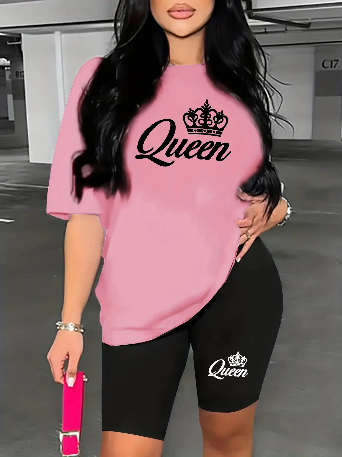 Women's Queen printed loose round neck short sleeved T-shirt shorts two-piece set Fashion High Quality Short Sleeve Loose Sports