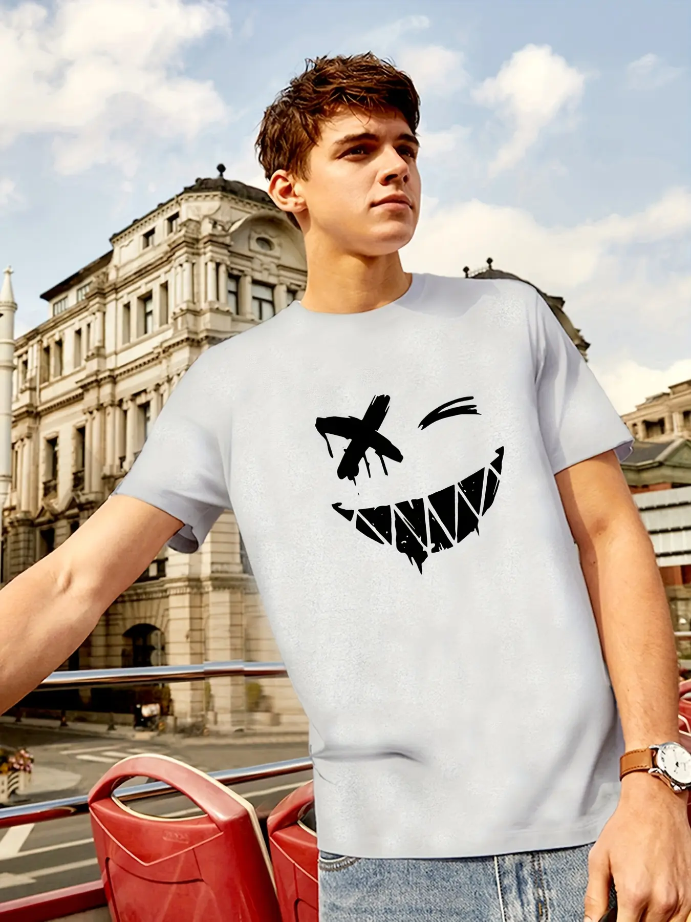 Men's summer 100% pure cotton fashionable sports casual loose smiling face pattern print round neck short sleeved T-shirt top