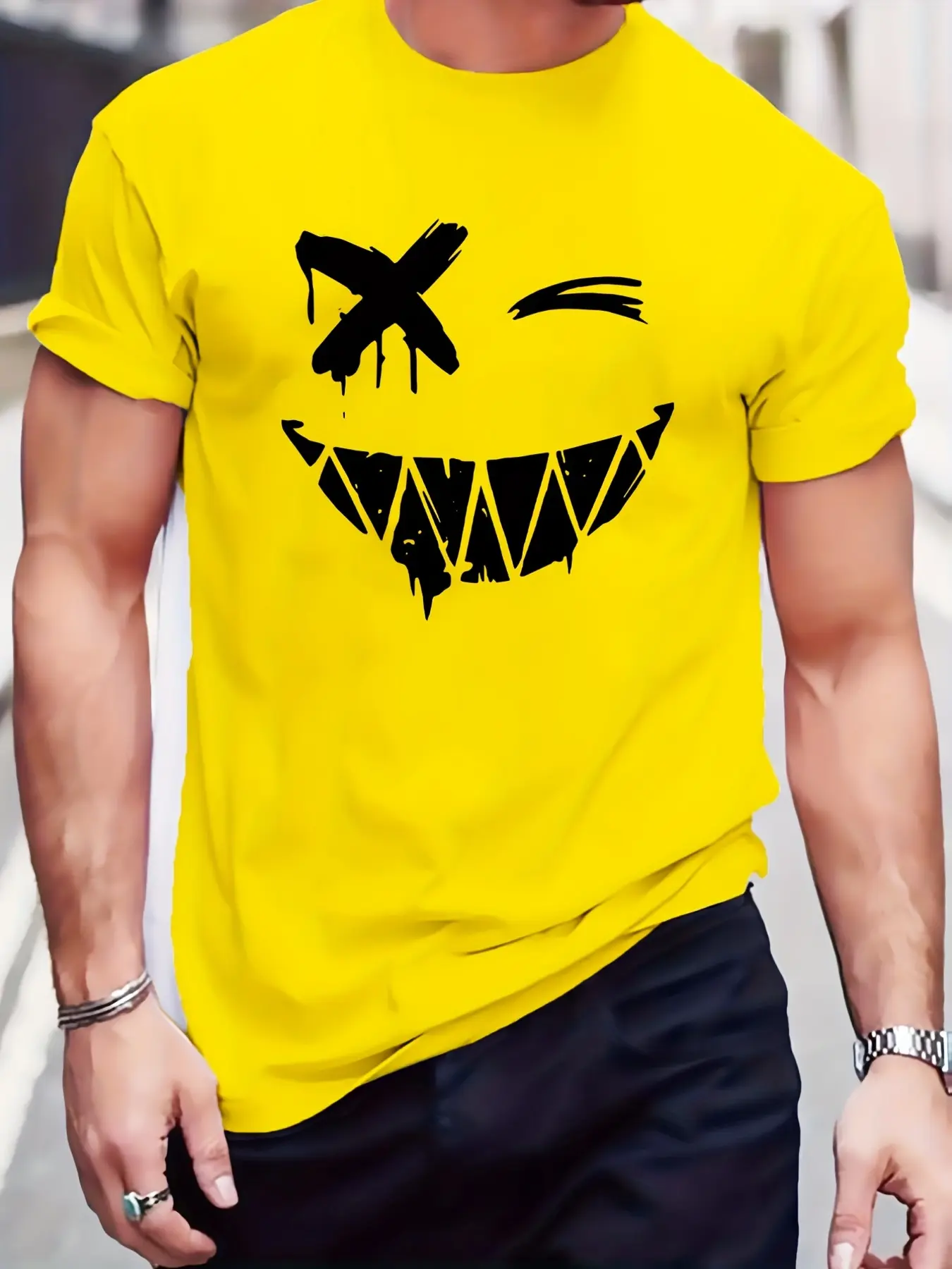 Men's summer 100% pure cotton fashionable sports casual loose smiling face pattern print round neck short sleeved T-shirt top