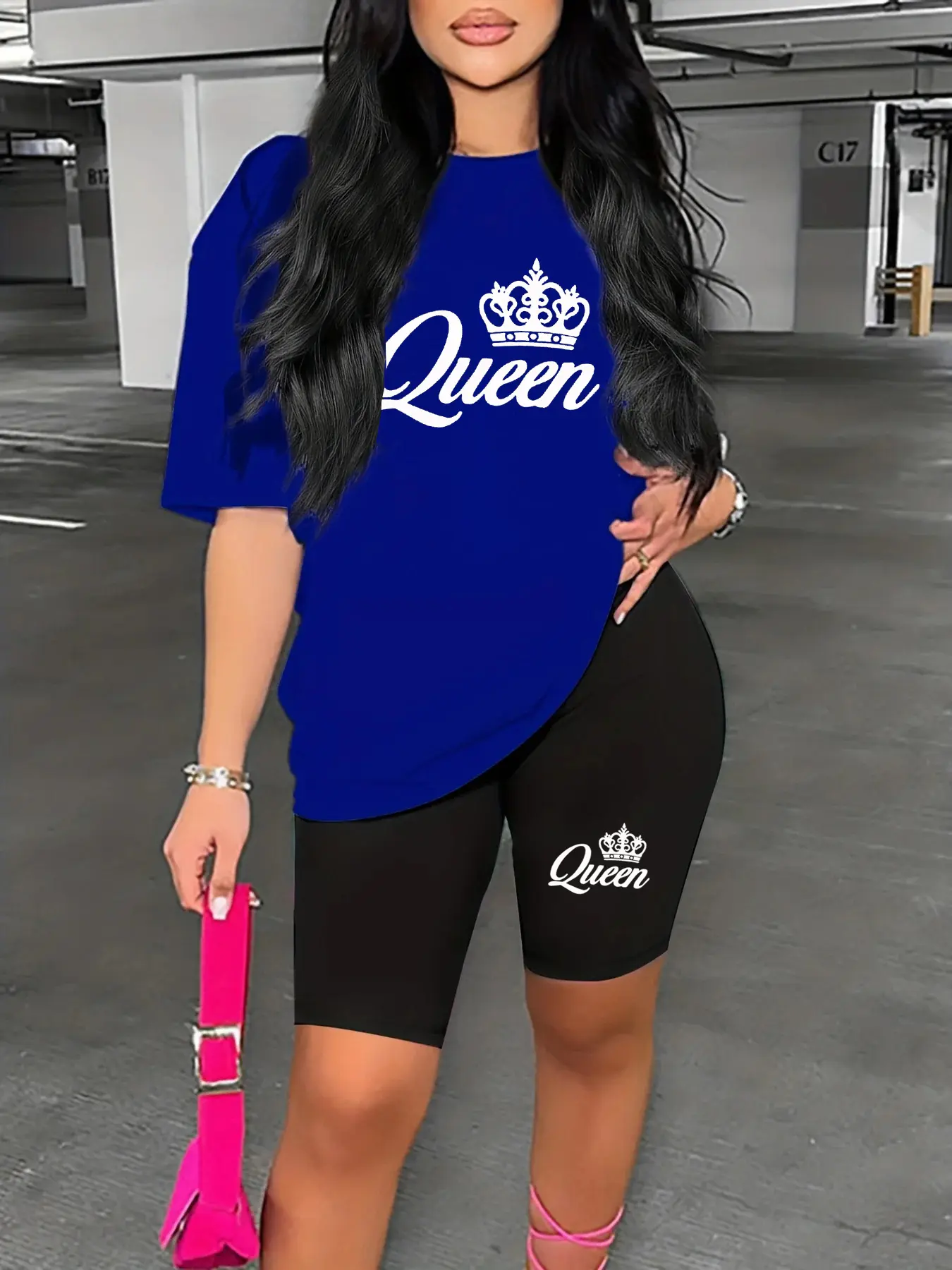 Women's Queen printed loose round neck short sleeved T-shirt shorts two-piece set Fashion High Quality Short Sleeve Loose Sports