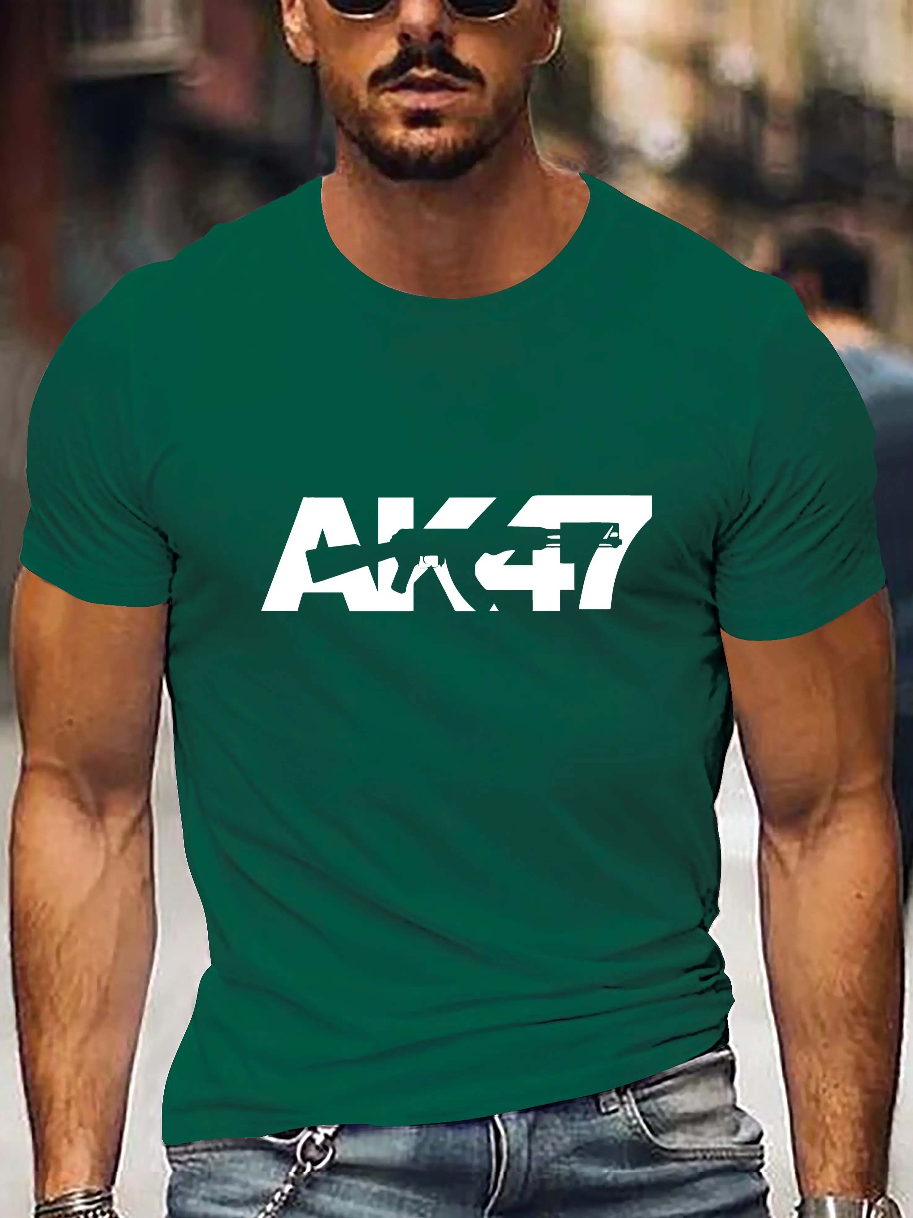 Men's summer 100% pure cotton fashionable casual sports loose AK47 pattern print round neck short sleeved T-shirt top