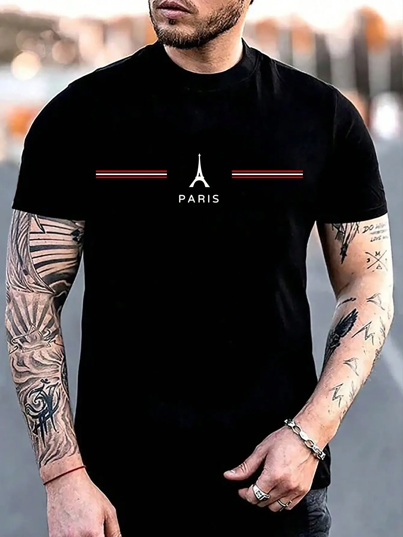 Men's 100% cotton summer loose size comfortable PARIS letter print slim fit casual sports round neck short sleeved T-shirt top