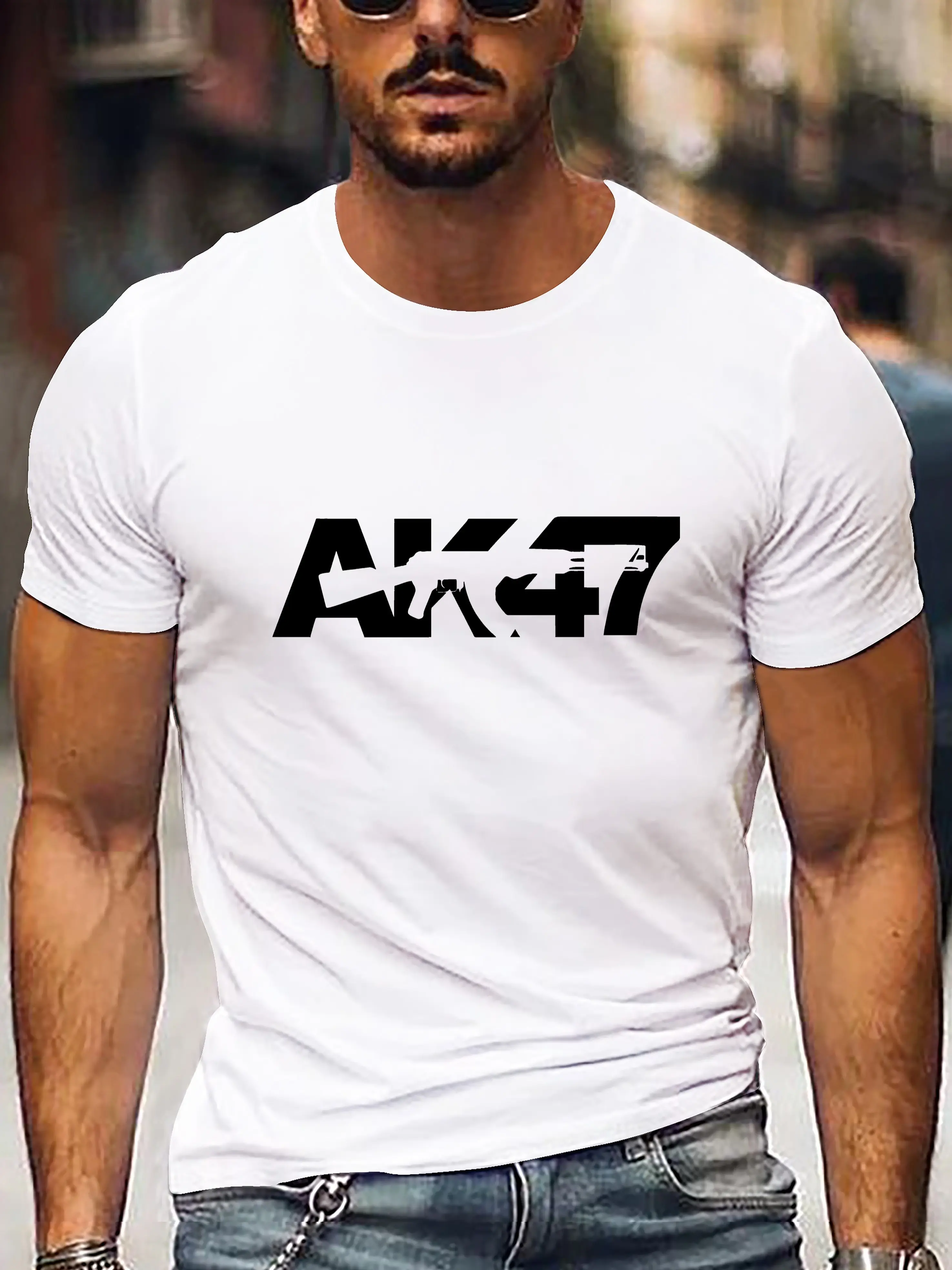 Men's summer 100% pure cotton fashionable casual sports loose AK47 pattern print round neck short sleeved T-shirt top