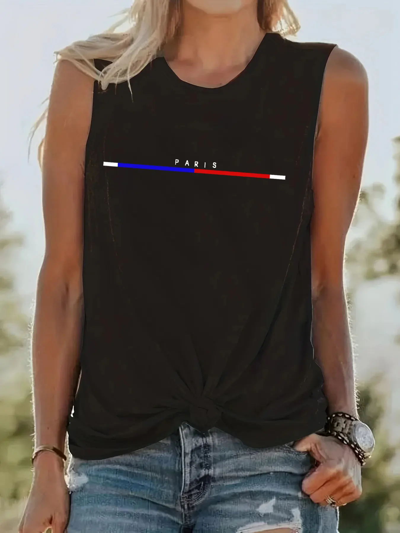 Women's Summer PARIS Print Loose Large Breathable and Comfortable Sleeveless Tank Top T-shirt Streettshirt Individual Casual Clo