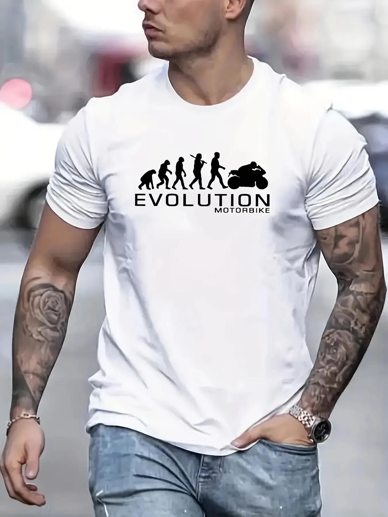 Men's summer 100% pure cotton fashionable casual loose evolution motorcycle pattern printed round neck short sleeved T-shirt top