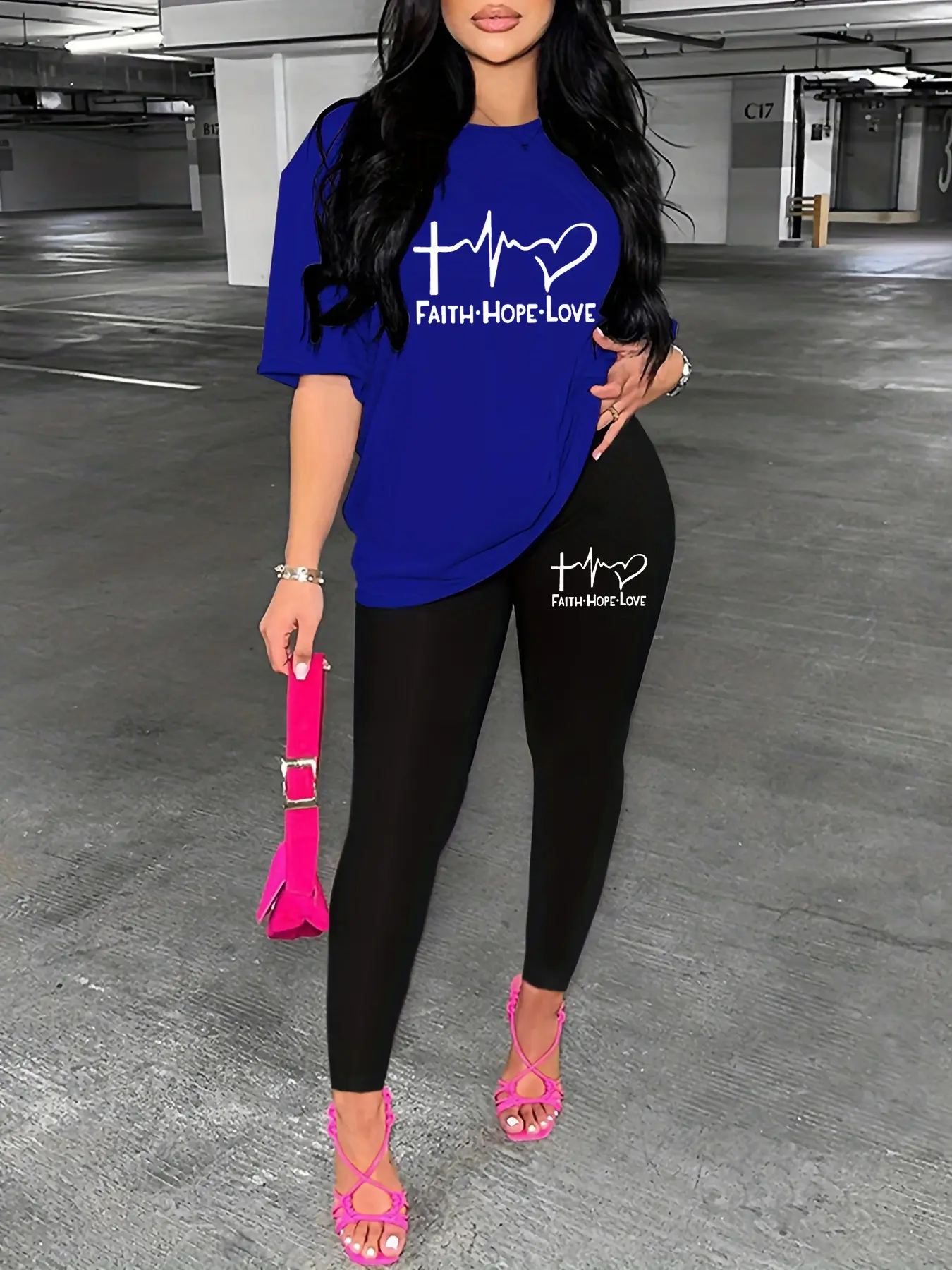 Women's spring and summer casual loose FAITH HOPE LOVE printed round neck short sleeved T-shirt+leggings two-piece set