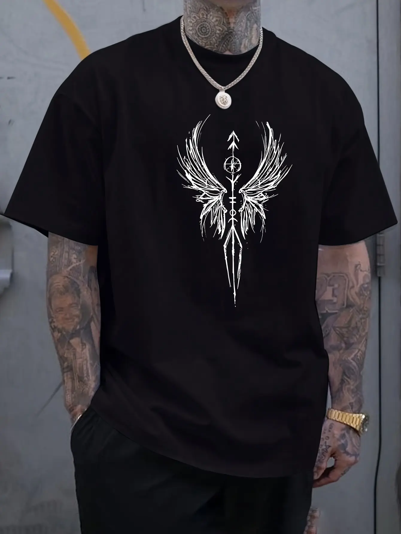 Men's summer 100% pure cotton fashionable casual sports loose wings graphic print round neck short sleeved T-shirt top