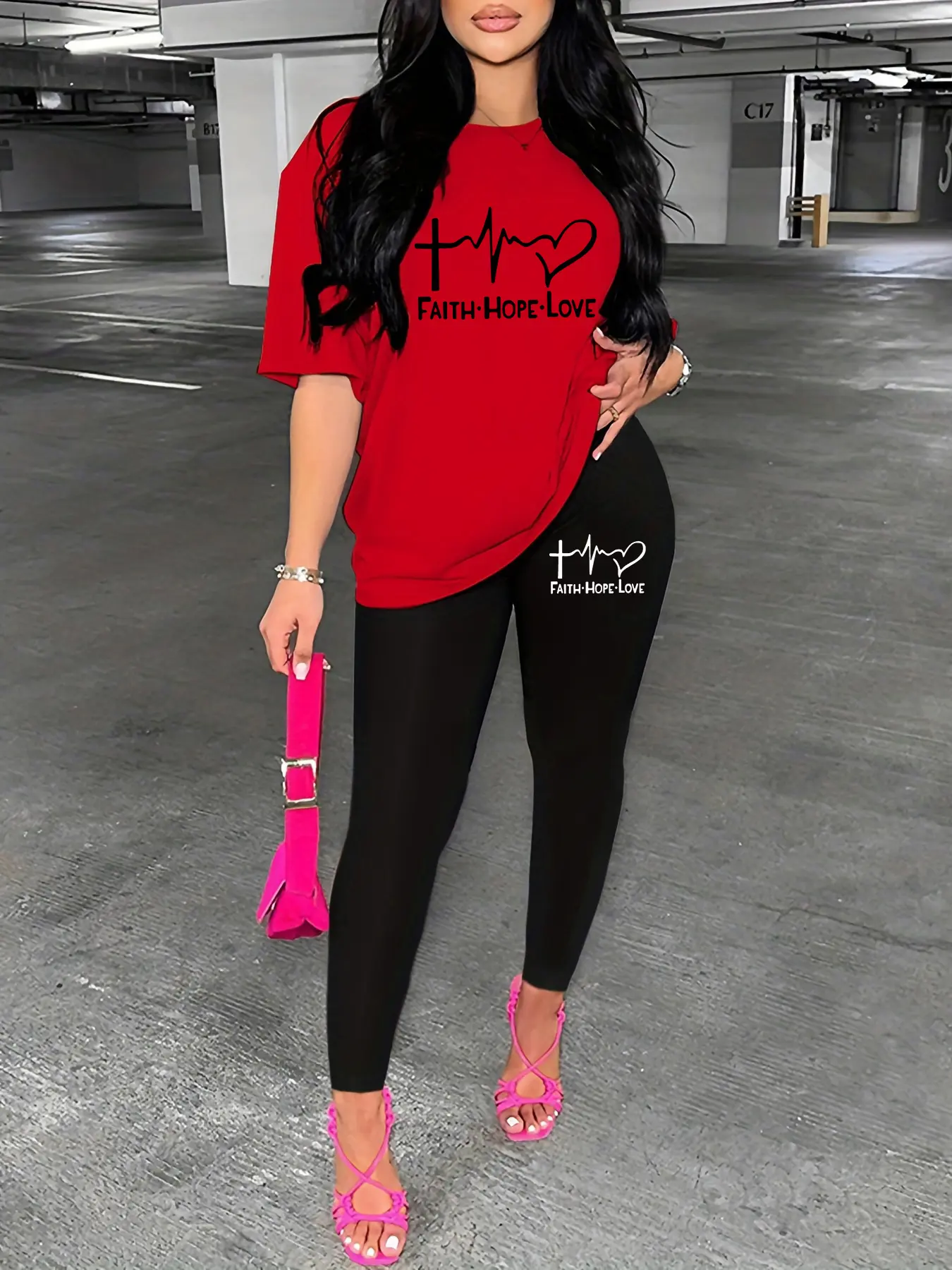 Women's spring and summer casual loose FAITH HOPE LOVE printed round neck short sleeved T-shirt+leggings two-piece set