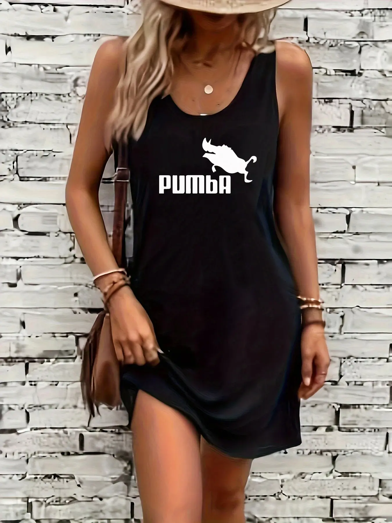 Women's summer loose and comfortable casual cheetah pattern printed black sleeveless vest skirt punk style dress