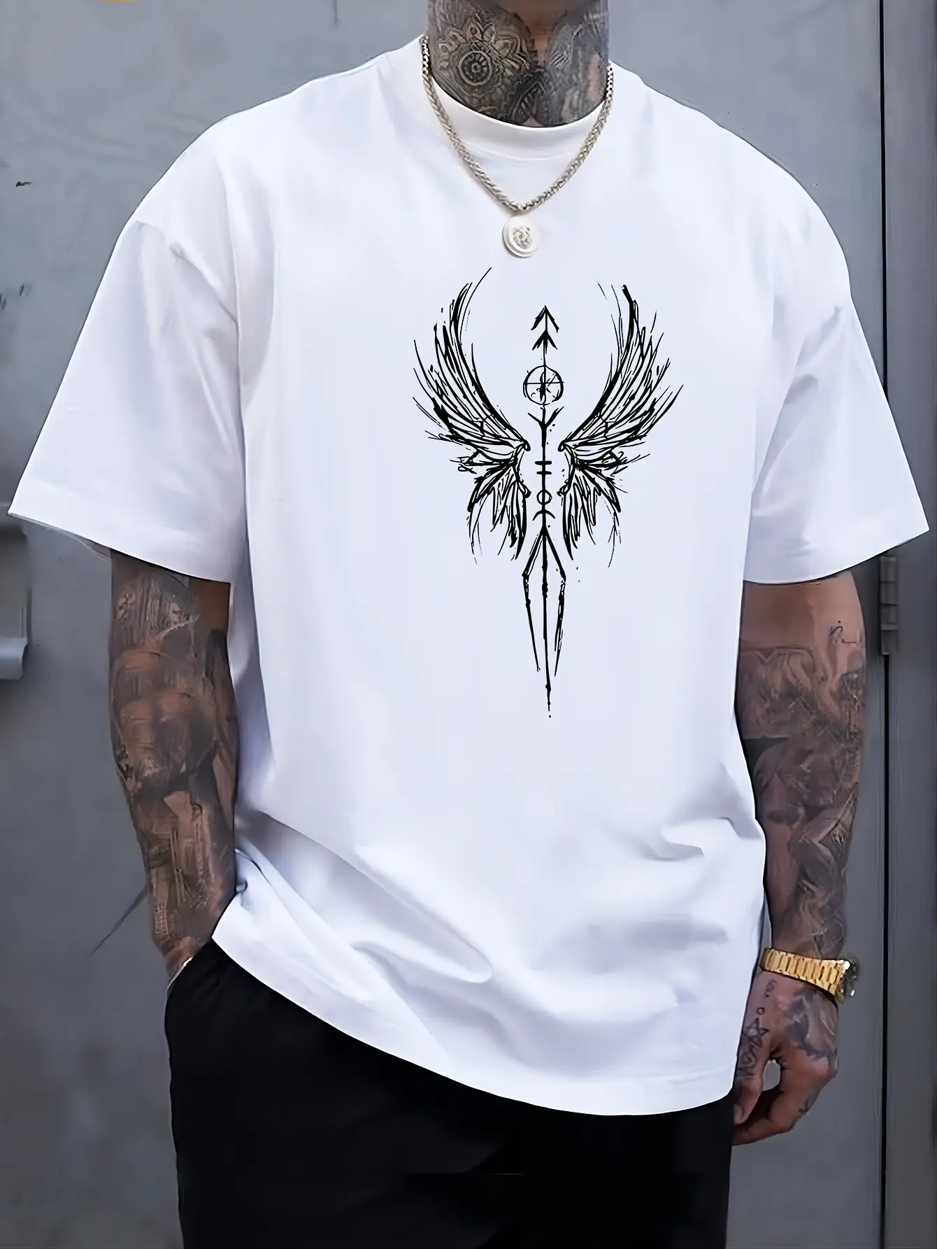 Men's summer 100% pure cotton fashionable casual sports loose wings graphic print round neck short sleeved T-shirt top