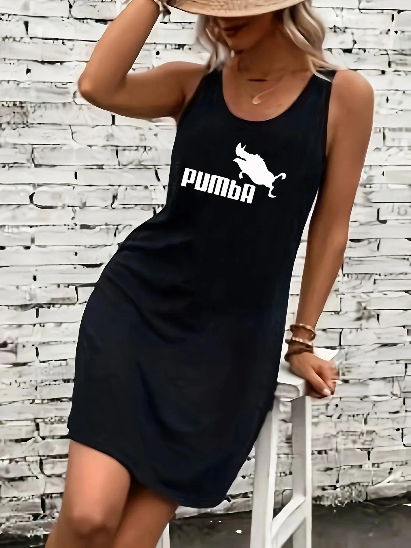 Women's summer loose and comfortable casual cheetah pattern printed black sleeveless vest skirt punk style dress