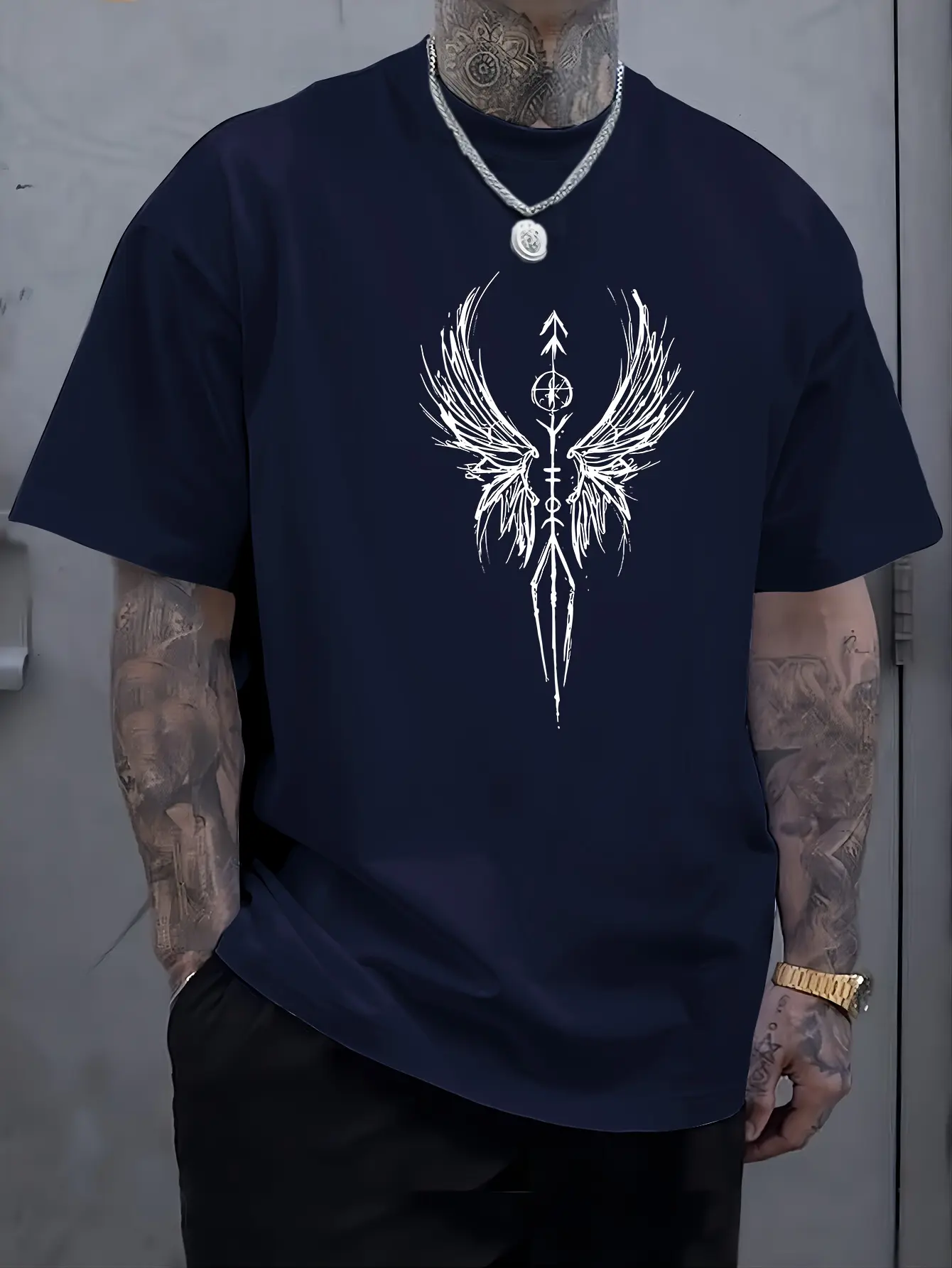 Men's summer 100% pure cotton fashionable casual sports loose wings graphic print round neck short sleeved T-shirt top