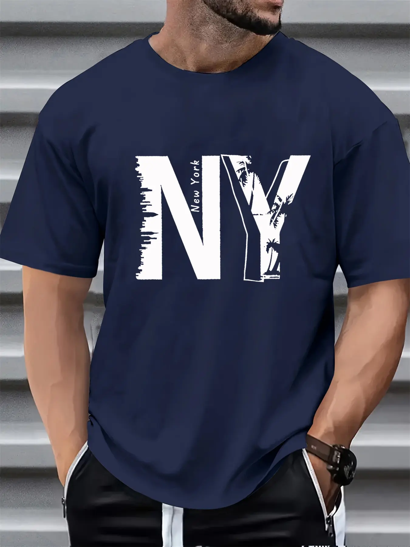 Summer men's 100% pure cotton casual loose plus size NY letter printed sports comfortable round neck short sleeved T-shirt top