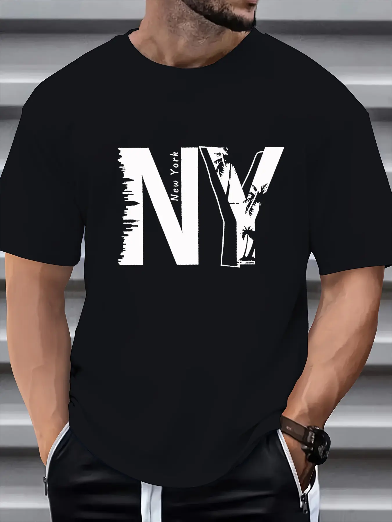 Summer men's 100% pure cotton casual loose plus size NY letter printed sports comfortable round neck short sleeved T-shirt top