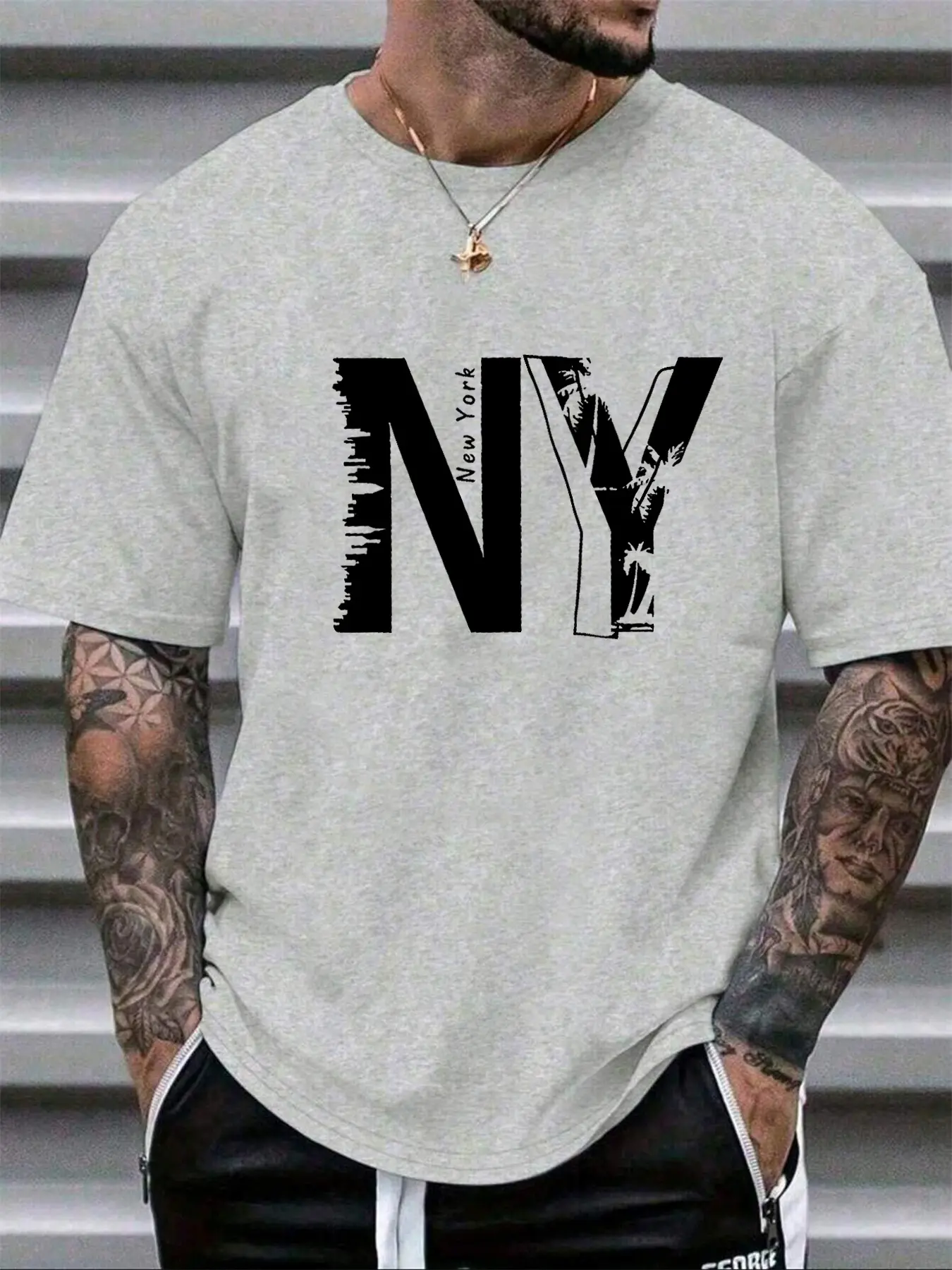 Summer men's 100% pure cotton casual loose plus size NY letter printed sports comfortable round neck short sleeved T-shirt top