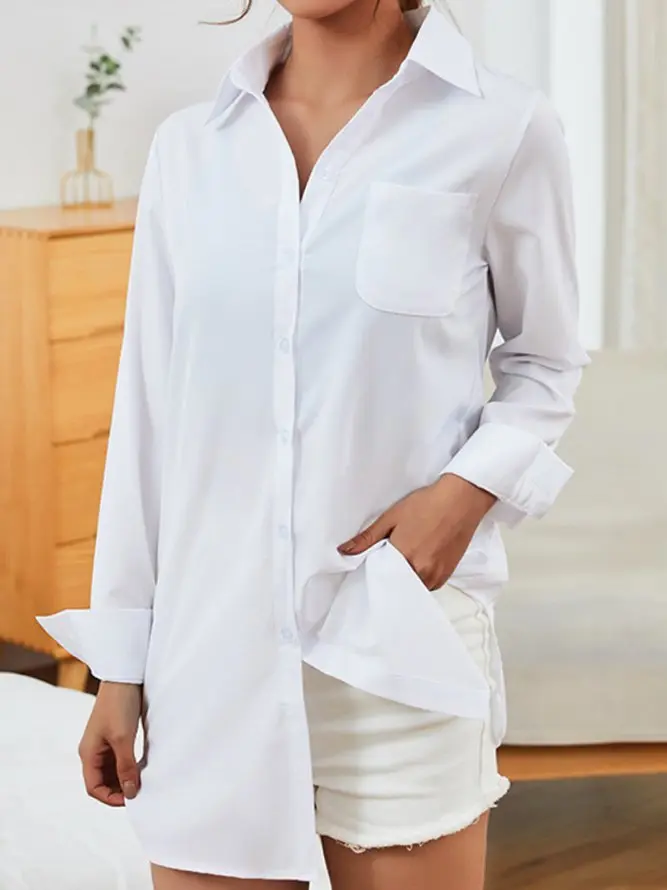 Women's Long Autumn Winter Shirt white Work Clothes TopS Solid Color Long Sleeve Pocket Loose Pullover