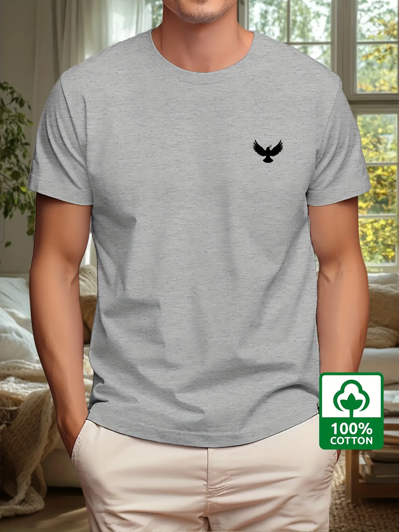 Men's Summer 100% Cotton Fashion Sports and Leisure Loose Dove and Peace Pattern Printed Round Neck Short Sleeve T-shirt Top