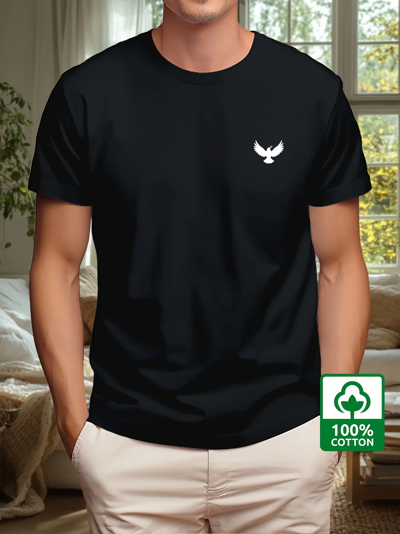 Men's Summer 100% Cotton Fashion Sports and Leisure Loose Dove and Peace Pattern Printed Round Neck Short Sleeve T-shirt Top