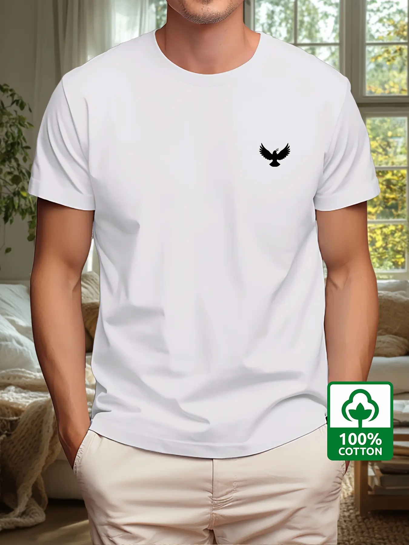 Men's Summer 100% Cotton Fashion Sports and Leisure Loose Dove and Peace Pattern Printed Round Neck Short Sleeve T-shirt Top