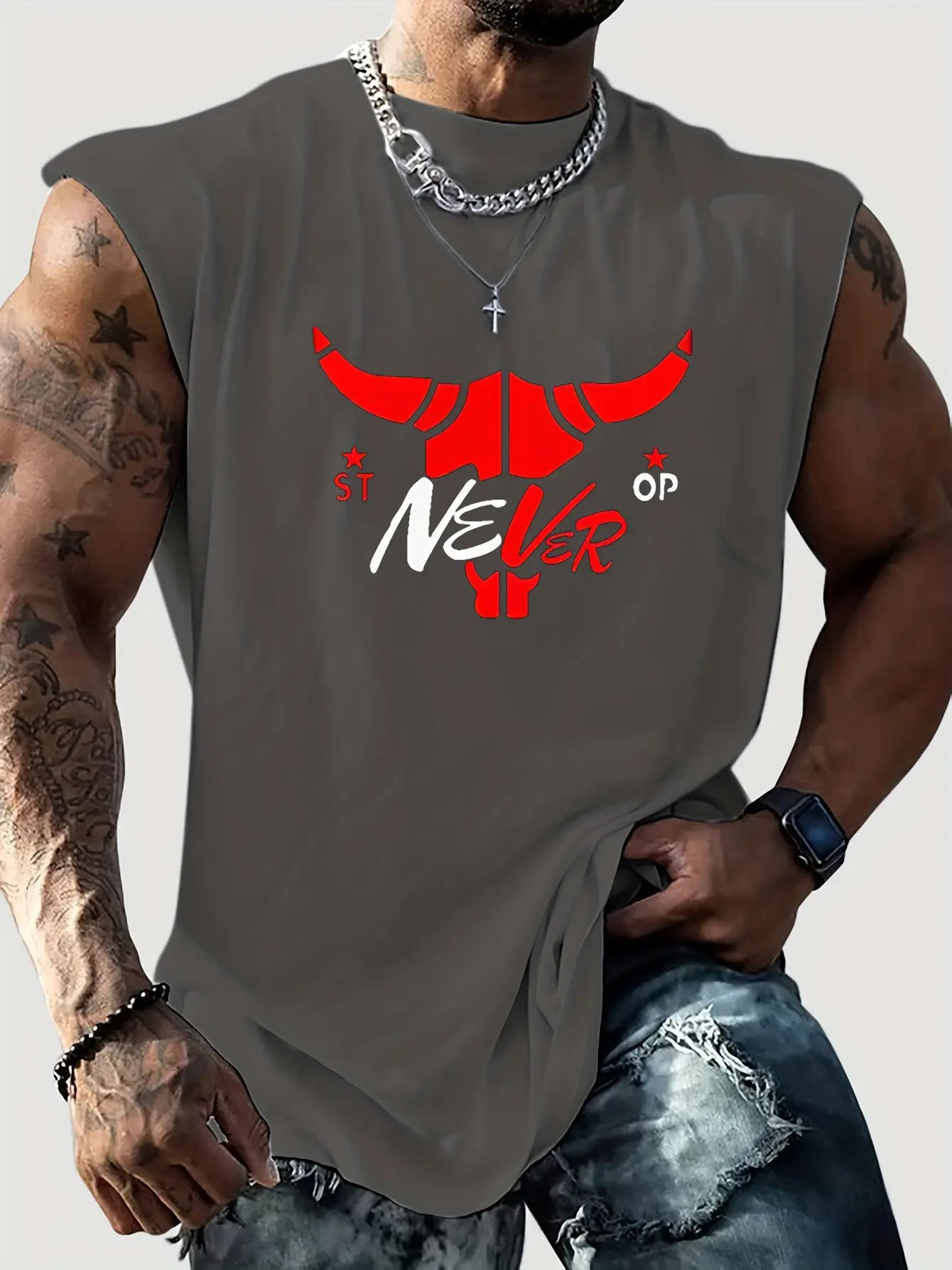 Men's summer fashionable casual sports loose bull graphic print comfortable breathable round neck sleeveless vest