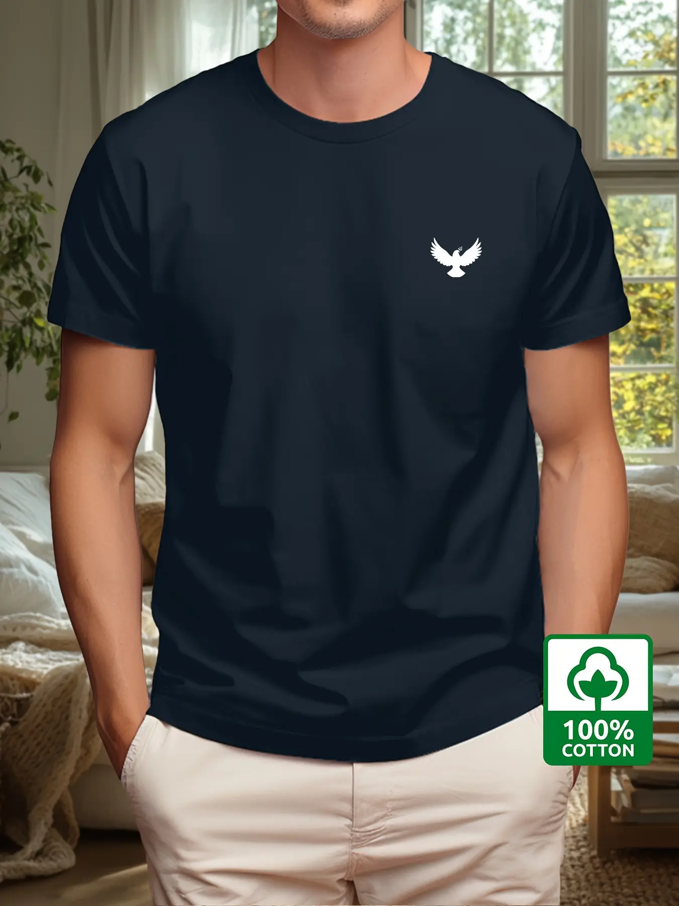 Men's Summer 100% Cotton Fashion Sports and Leisure Loose Dove and Peace Pattern Printed Round Neck Short Sleeve T-shirt Top
