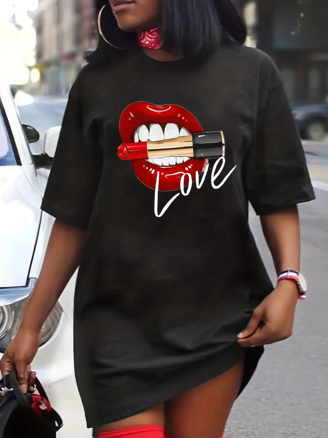 Women's summer casual LOVE red lips lipstick print loose size round neck short sleeved T-shirt dress