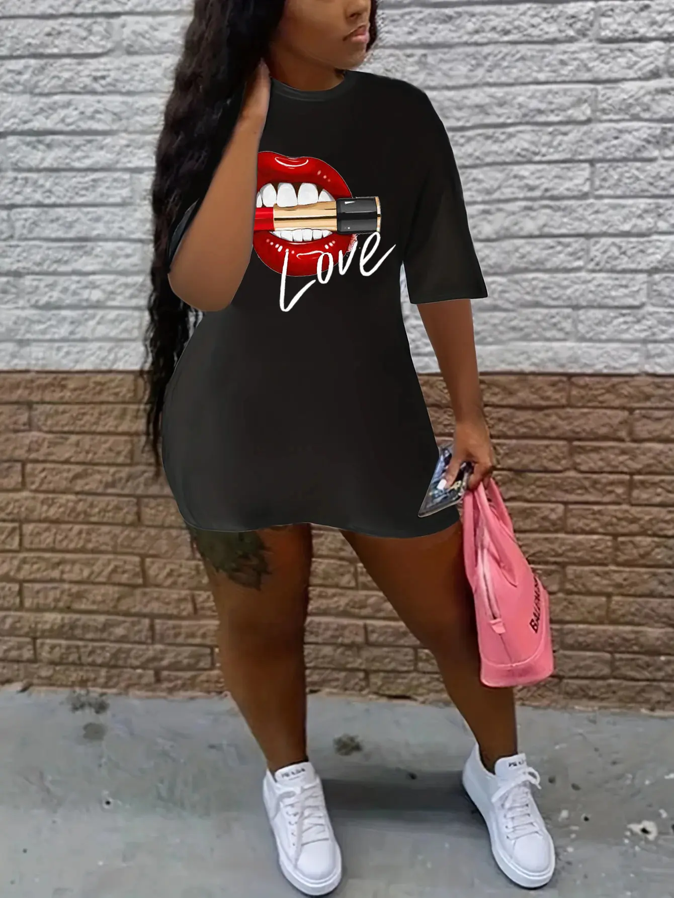 Women's summer casual LOVE red lips lipstick print loose size round neck short sleeved T-shirt dress