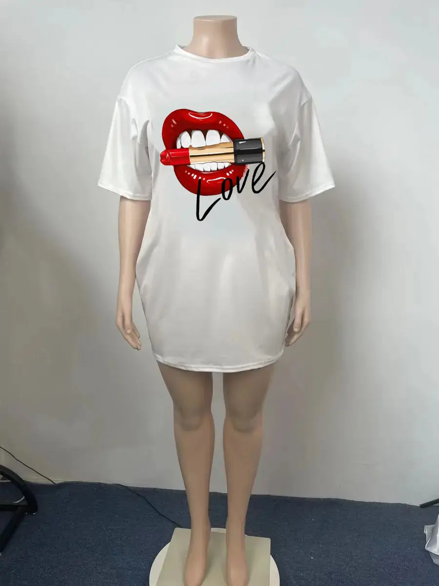 Women's summer casual LOVE red lips lipstick print loose size round neck short sleeved T-shirt dress