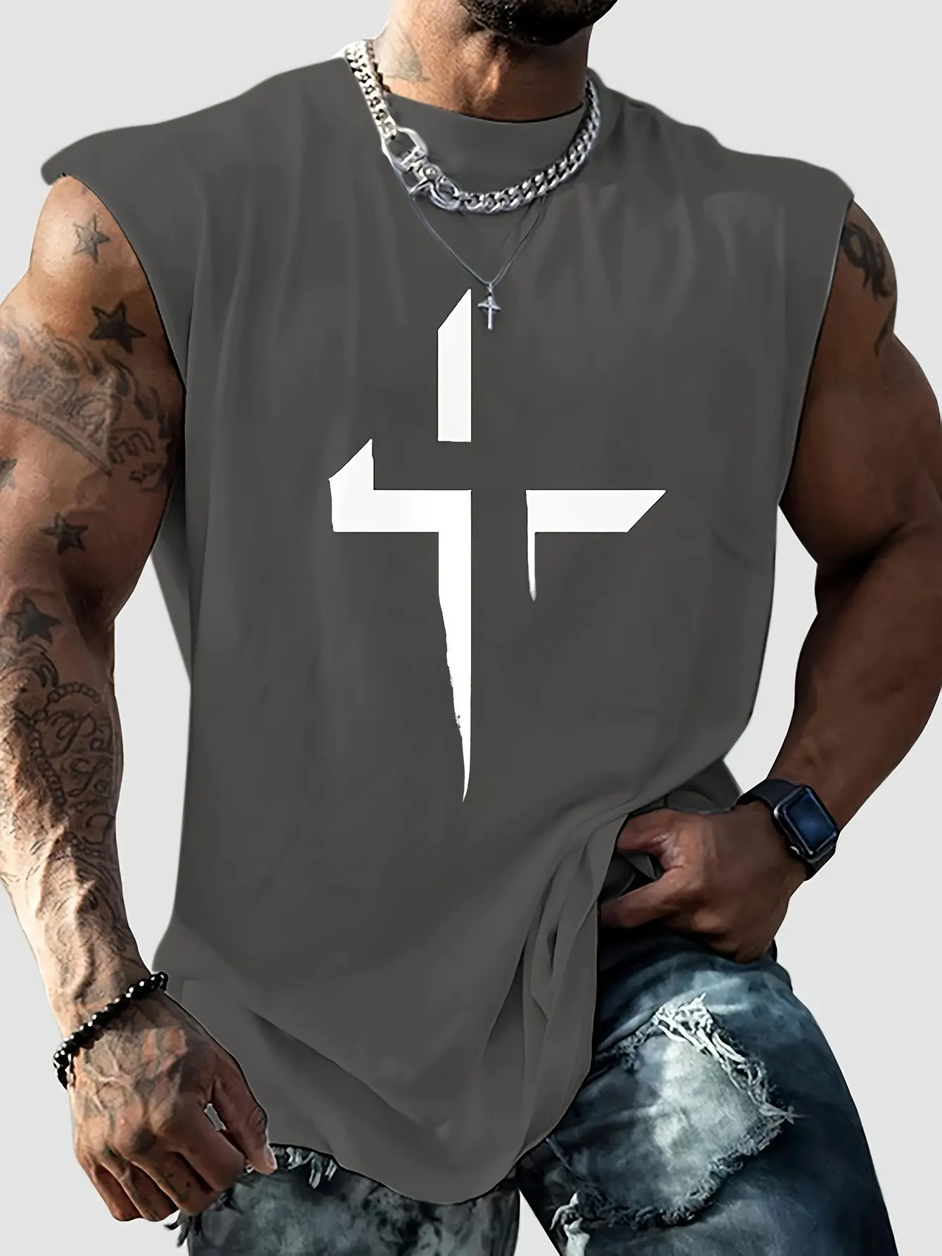 Men's Summer Fashion Casual Sports Loose Faith Cross Graphic Print Comfortable Breathable Round Neck Sleeveless Tank Top