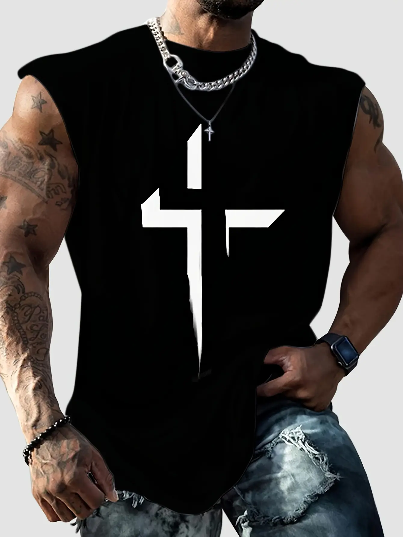 Men's Summer Fashion Casual Sports Loose Faith Cross Graphic Print Comfortable Breathable Round Neck Sleeveless Tank Top
