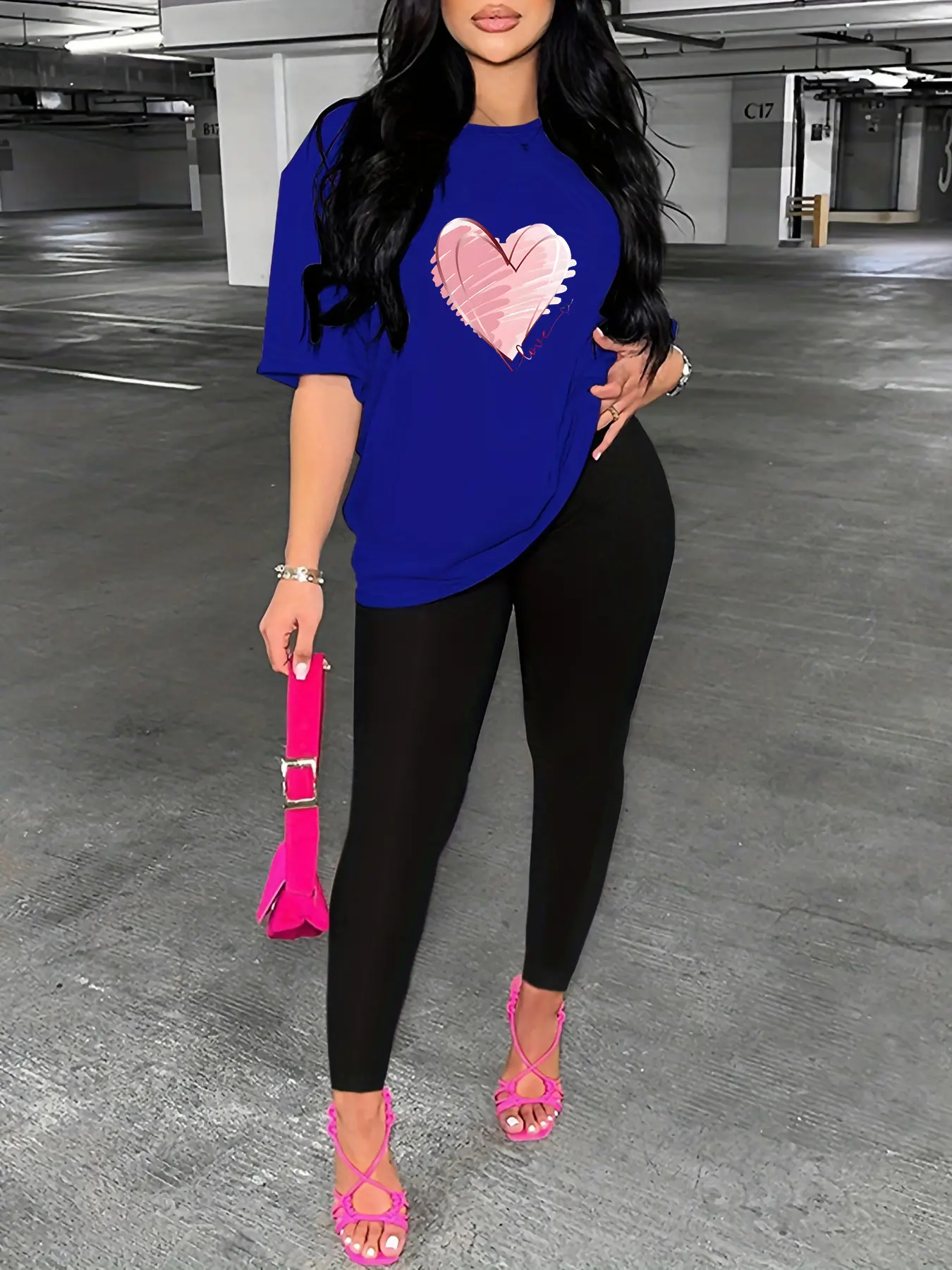 Women's summer casual loose heart-shaped printed round neck short sleeved T-shirt+leggings two-piece set